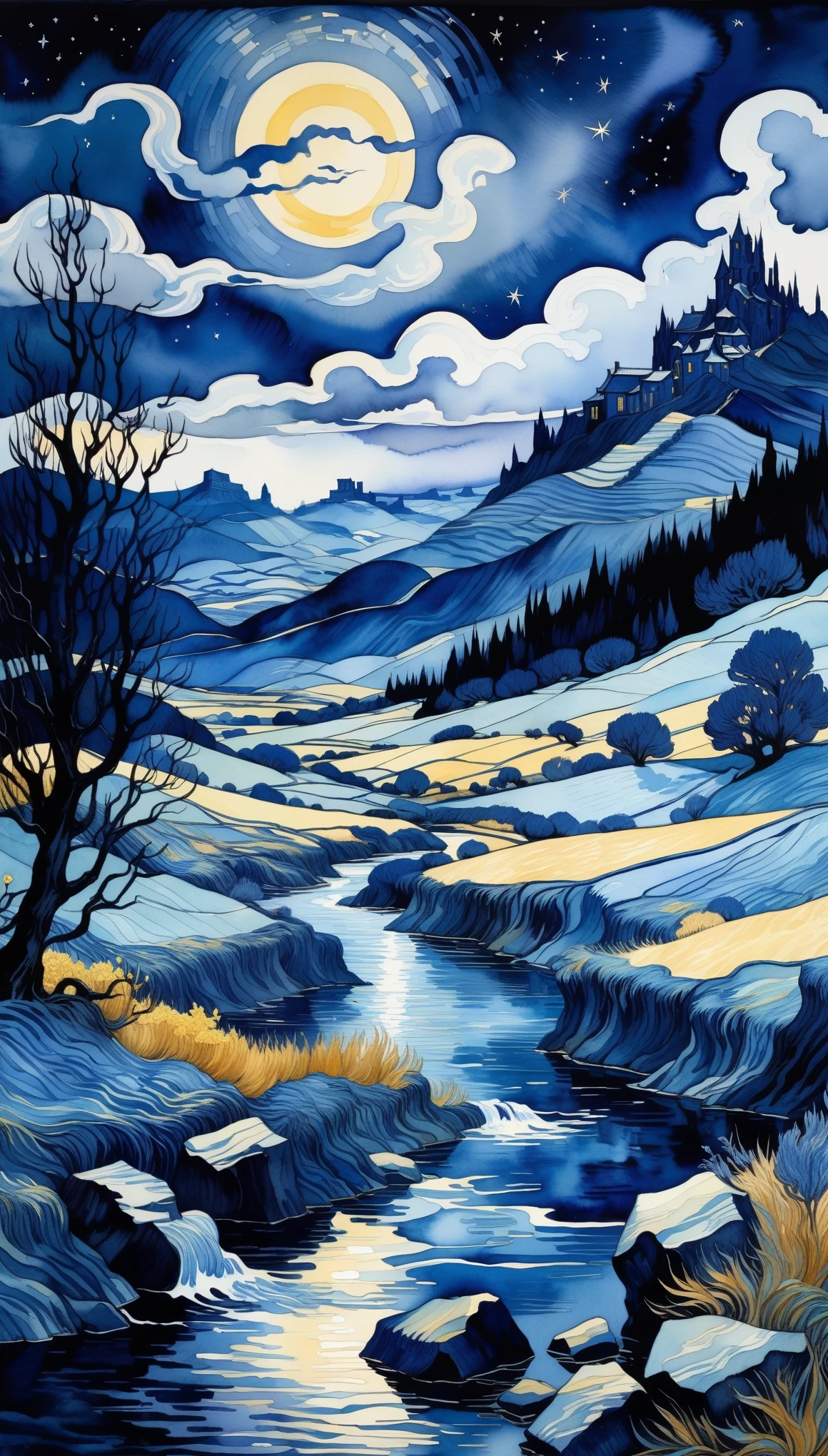 a fantasy landscape in a very dark blue color, van gogh style, Watercolor, trending on artstation, sharp focus, studio photo, intricate details, highly detailed, by greg rutkowski