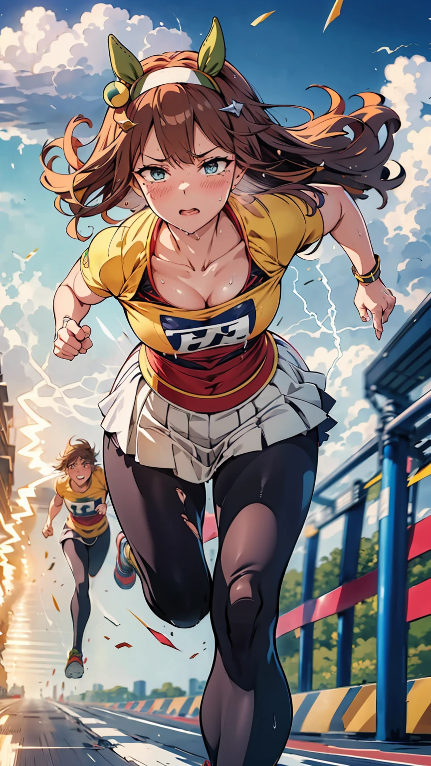 Many runners、全力でRun、Running through the wind、Painful expression、shout、Best image quality、High resolution、masterpiece、super high quality、Arena、Run、颯爽とRun、Sweaty、Very short pleated skirt、Heavy breathing、Blushing、4K quality、Black Pantyhose、Voluptuous thighs