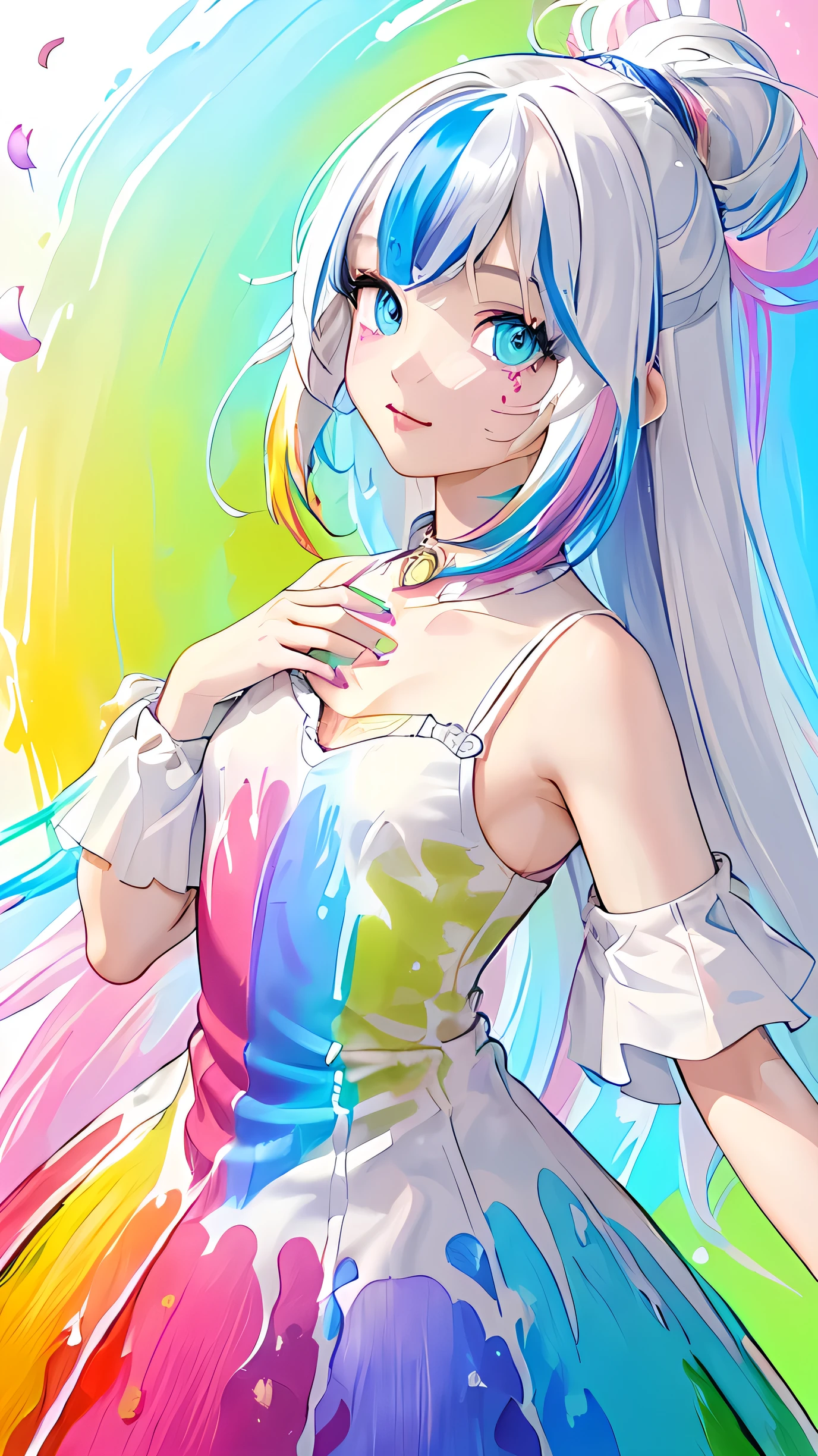 (Pink Fashion T-shirt:1.9),(Colorful hair: 1.8), (all the colours of the rainbow: 1.8),(((((vertical painting:1.6))), (painting:1.6),front, comics, illustrations, paintings, large eyes, crystal clear eyes,( rainbow color gradient high ponytail:1.7), exquisite makeup, closed mouth,(Small Fresh: 1.5),(Wipe Chest: 1.6) ,long eyelashes, white off shoulder T-shirt, White Shoulder Shirt,looking at the audience, large watery eyes, (rainbow colored hair:1.6), color splash, (solo:1.8), color splash, color explosion, thick paint style, messy lines, ((shining)),(colorful), (colorful), (colorful), colorful, Thick Paint Style, (Splash) (Color Splash), Vertical Painting, Upper Body, Paint Splash, Acrylic Pigment, Gradient, Paint, Highest Image Quality, Highest Quality, Masterpiece, Solo, Depth of Field, Face Paint, colorful clothes, (Elegant: 1.2), gorgeous,long hair, wind, (Elegant: 1.3), (Petals: 1.4),(((masterpiece))),(((best quality))),((ultra-detailed)),(illustration),(dynamic angle),((floating)),(paint),((disheveled hair)),(solo),(1girl) , (((detailed anima face))),((beautiful detailed face)),collar,bare shoulders,white hair, ((colorful hair)),((streaked hair)),beautiful detailed eyes,(Gradient color eyes),(((colorful eyes))),(((colorful background))),(((high saturation))),(((surrounded by colorful splashes))),