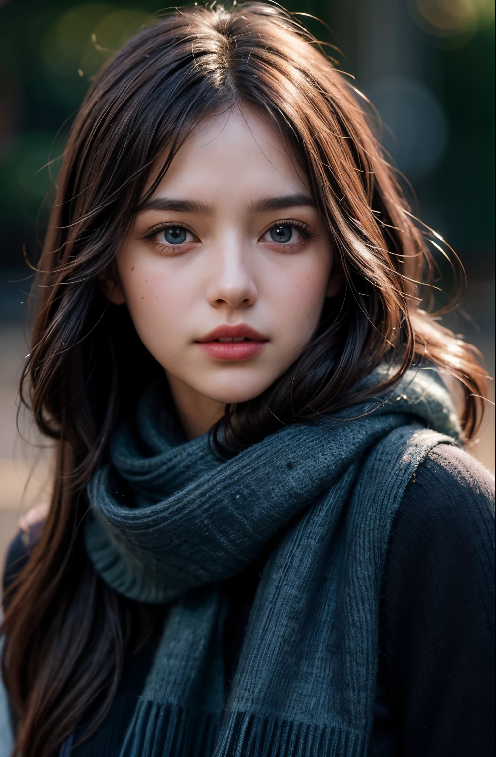 Beautiful girl with scarf, Bokeh, , closeup portrait, Realistic visual effects, Dark brown hair, blue eyes, Gothic fantasy, Canon eos r 6 shot, (Realistic facial details), Complex and meticulous, Portrait of a beautiful girl, Very high detail, Photos are super realistic, 10, Ultra HD, Ultra Detailed, (Dynamic poses:1.4),