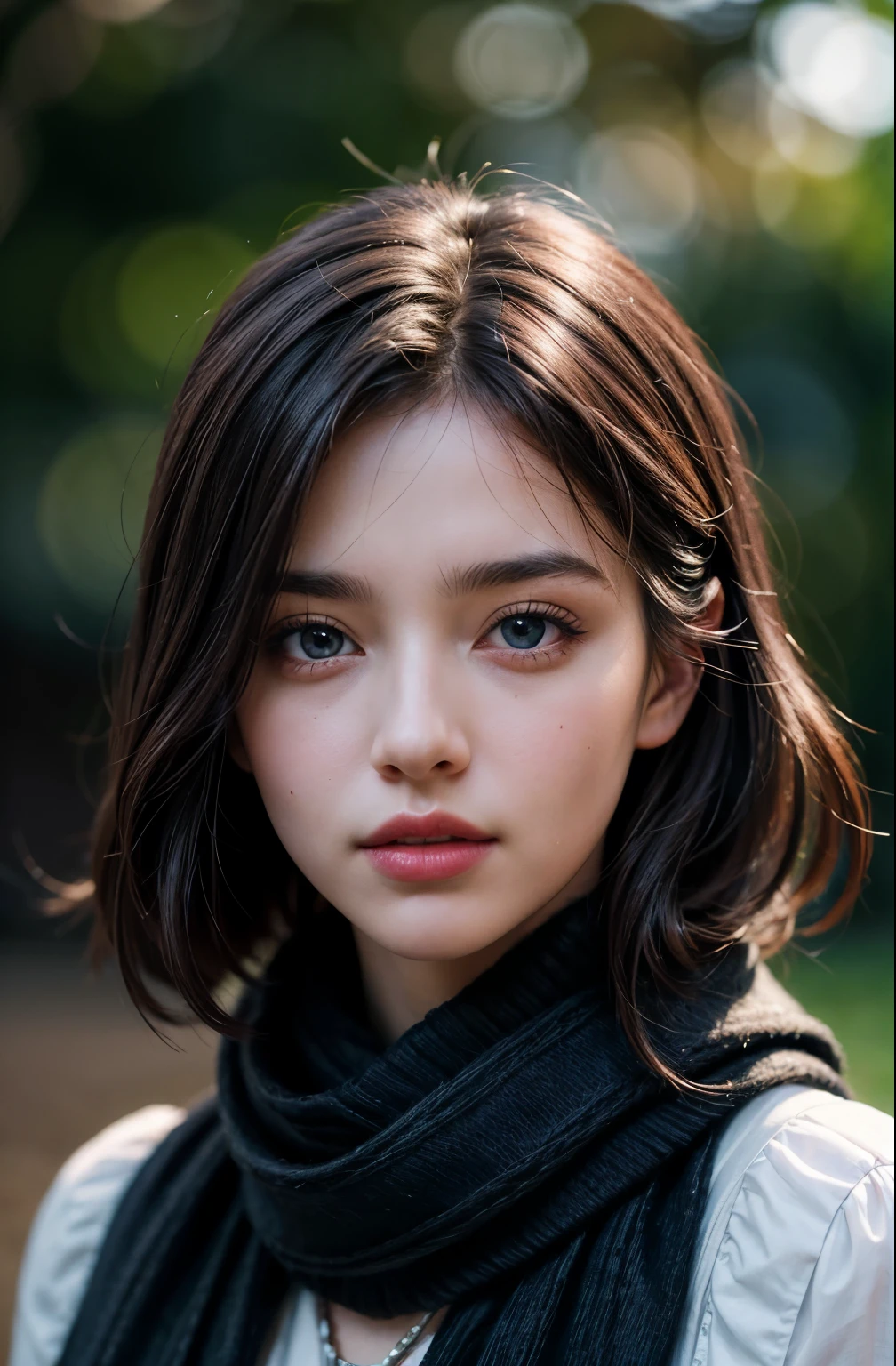 Beautiful girl with scarf, Bokeh, , closeup portrait, Realistic visual effects, Dark brown hair, blue eyes, Gothic fantasy, Canon eos r 6 shot, (Realistic facial details), Complex and meticulous, Portrait of a beautiful girl, Very high detail, Photos are super realistic, 10, Ultra HD, Ultra Detailed, (Dynamic poses:1.4),