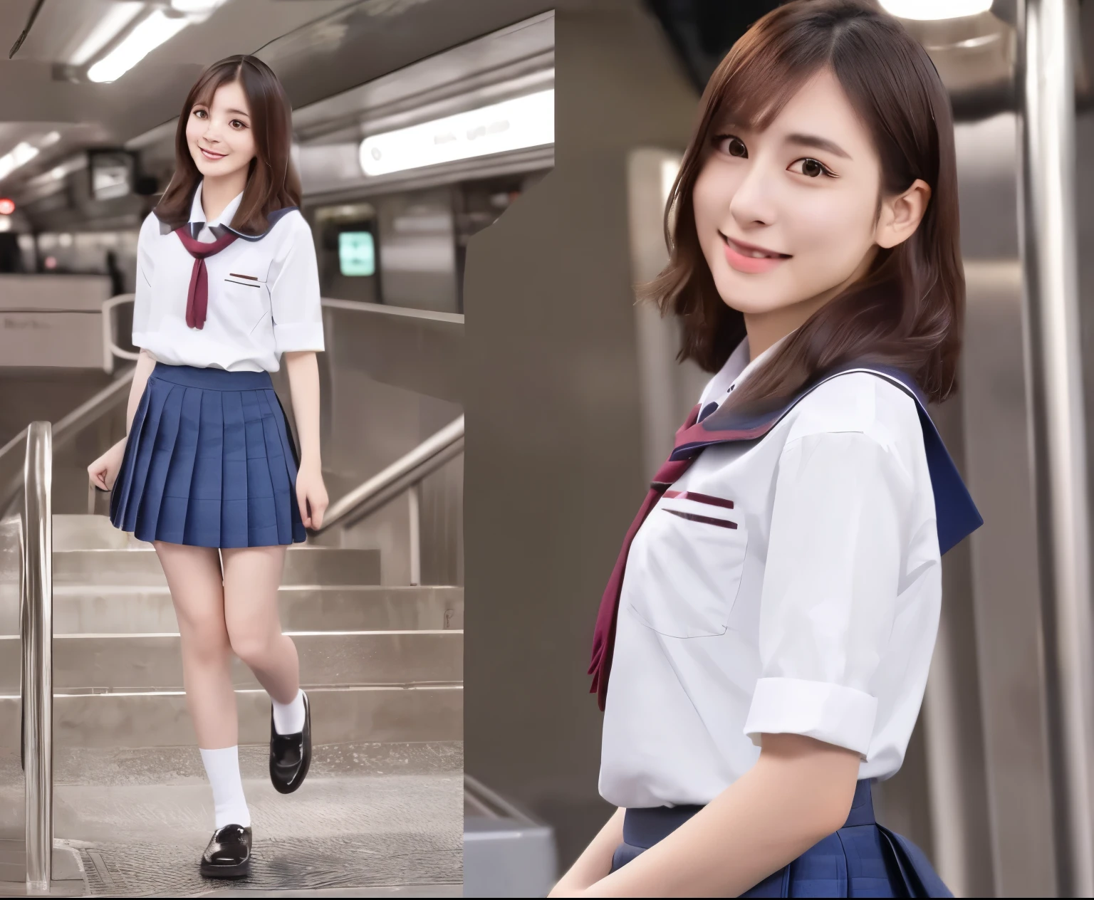 (8 times_NMKD-Super Scale_150000_G),(8K, Super high quality,highest quality),(masterpiece:1.5),(Front-facing body),(girl),(),(turn your arms behind your back:1.5),((Blue Neck Ribbon), (white shirt), (Navy blue pleated mini skirt), (navy high socks)),Beautiful Girl Student