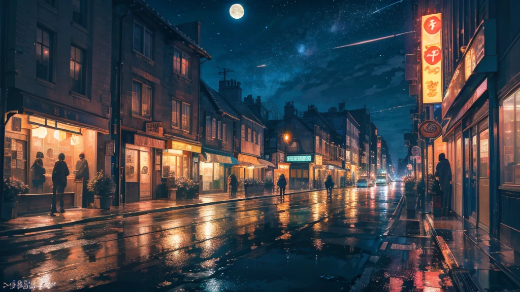 The streetscape、Rather than a fantasy atmosphere、It feels a bit nostalgic、Realistic cityscape。
In the night sky、When the stars and the moon are shining、A more romantic atmosphere。
Street lamps and car lights、Warm colors。
Floating in the night sky after the rain、Neon signs shining down on the street