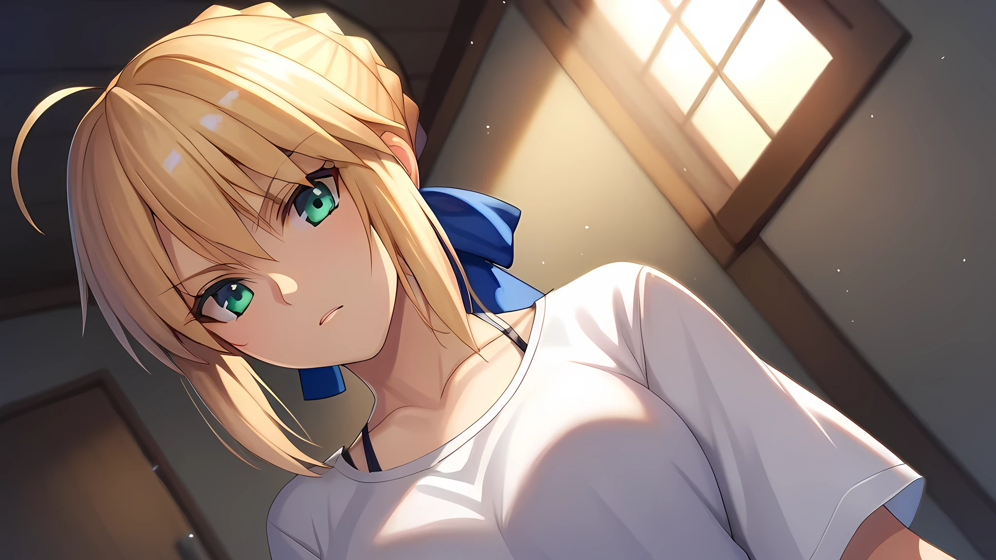 score_9, score_8_up, score_7_up, score_6_up, score_5_up, score_4_up, BREAK source_anime, 1girl, clothed, saber, artoria pendragon, indoors, sunlight, by kasumi \(skchkko\), looking at viewer, serious, dutch angle, braid