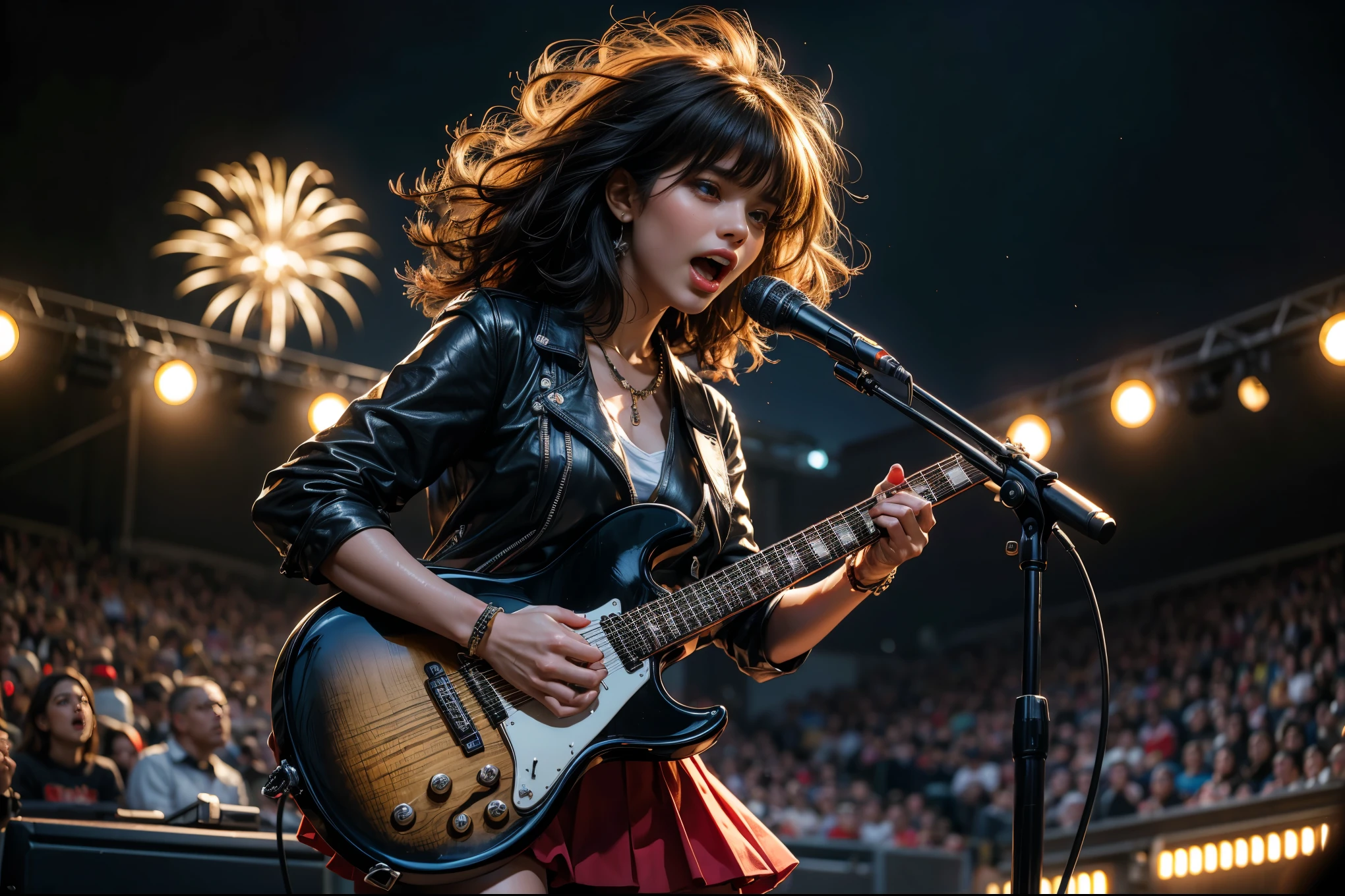 (Best Quality, 4K, 8K, High Resolution, Masterpiece: 1.2), Ultra Detailed, (Actual, Photo Actual, Photo Actual: 1.37), Rock Star, Singer, Guitar, Uniform, Black, Tight, Gold Accents, Space Walk, Hysterical Singing, Stage Lights, Rebellious, Bright Colors, Energetic Performance, Electric Ambiance, Loud Music, Screaming Fans, Huge Speakers, Heavy Explosions, Dynamic Pose, Smoke and Fog Effects, Expressive Face, Rotating Lights, Flash, Dark Background, Edgy Style, Wild Hair, Microphone Stand, Guitar Vocal Dissonance, Rock Music, Celebrity, Electric Guitar Solo, Huge Concert Stage, Stage Swing, Condescending, Emotional Intensity, Big Heavy Drum Beat, Electric Energy, Stage Fireworks, Powerful Vocal Performance, Stadium Full, Thousands of Fans, Roaring Crowd, Flash, Electric Ambiance, Sweaty Energetic Performance, Legendary Figure, Acting Skills, Standing Ovation