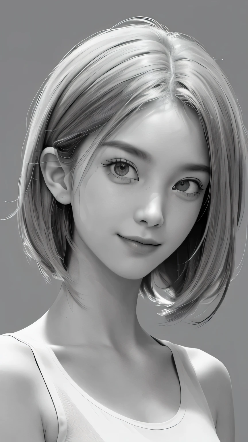 (Best quality,4K,A high resolution,Masterpiece:1.4), Monochrome style, ((Best quality, 8K, Masterpiece: 1.3)), full bodyesbian, Focus Clear: 1.2, Excellent aesthetics: 1.4, Slender abs: 1.2, Black tank top, Highly detailed face and skin texture, Detailed eyes, A masterpiece of double eyelids for hair, High details, Sketch 1 with a pencil.4, Ink Sketch 1.4,, High-detail lighting, Slight smile, Fair skin, Isolated in a spacious space, Wide white margins
