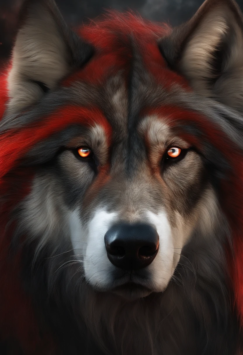 Lobo,capa Lobo,Ruan Jia,Daeni Pinho,Darkgem,Dimwitdog,antro de lobo macho musculoso, (Rosto detalhado), (pelo fofo detalhado). Ojos rojo, shiny fur that also has red flashes