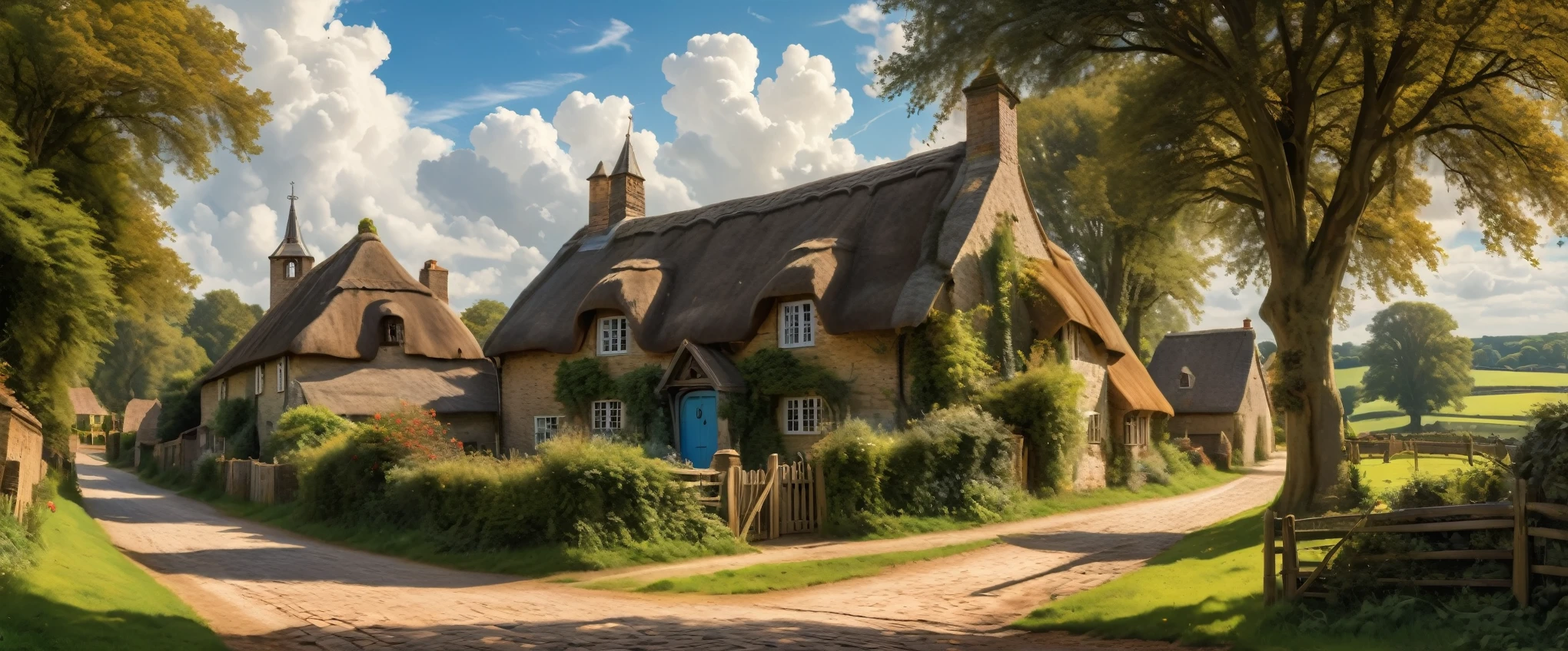 a beautiful detailed countryside landscape, rolling green hills, a quaint old english village, thatched roof cottages, cobblestone streets, horse-drawn carriage, a majestic church steeple, fluffy clouds in a blue sky, warm golden sunlight, intricate foliage details, charming rustic atmosphere, (best quality,8k,hyperrealistic,masterpiece:1.2),incredibly detailed,ultra-detailed,photorealistic,cinematic lighting,dramatic shadows,vibrant colors,oil painting,by John Constable,extremely aesthetic composition