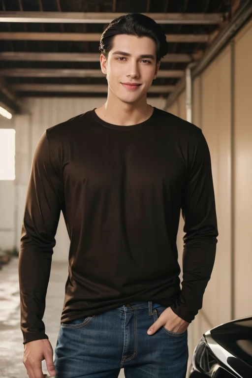 1boy, tall, attractive, wearing a brownish button long sleeves and jeans, curly black hair,  slicked back, grinned, garage  ((best quality)), HD, perfect lightning, cinematic film, 8K