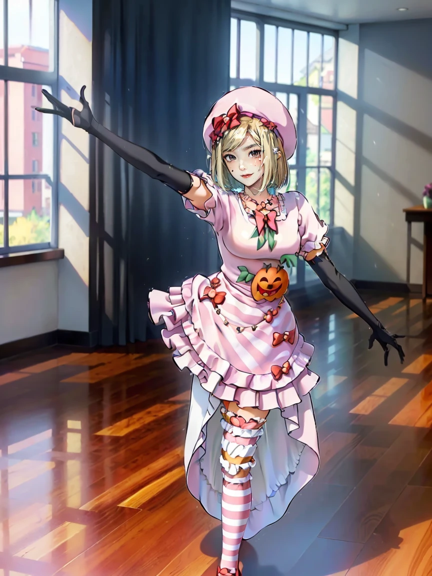 (1 lady), The beautiful, (Best quality at best:1.4), (ultra - detailed), (extremely detailed CG unified 16k), gold blonde hair, very detailed, High-definition RAW color photo, professional photoshooting, amazing face and eyes, cosmetics, (amazingly beautiful girl), ((lambdadelta, tall woman, taller)), ((dress, shoes bow, red shoes, striped stockings, red bow, pink hat, necklace, gloves, pearl, pumpkin brooch, pink dress)), (standing split, standing on one leg, sexyposture),(White room, sun light, windows lights:1.3), (look from down), realistic cinematic face, head to feet long wide zoomed out view, full body long view, photorealistic, ((realistic natural blonde hair style, honey eyes)), gorgeous, extremely beautiful face, perfect model beauty, pout mouth, flirting smile, cleavages, city girl, western, shopping in the city, (masterpiece), best quality, high resolution, extremely detailed, blurred background, depth of field, cinematic lighting, (amazing legs, strong legs, athletic legs), high heels, clear and well-cared skin