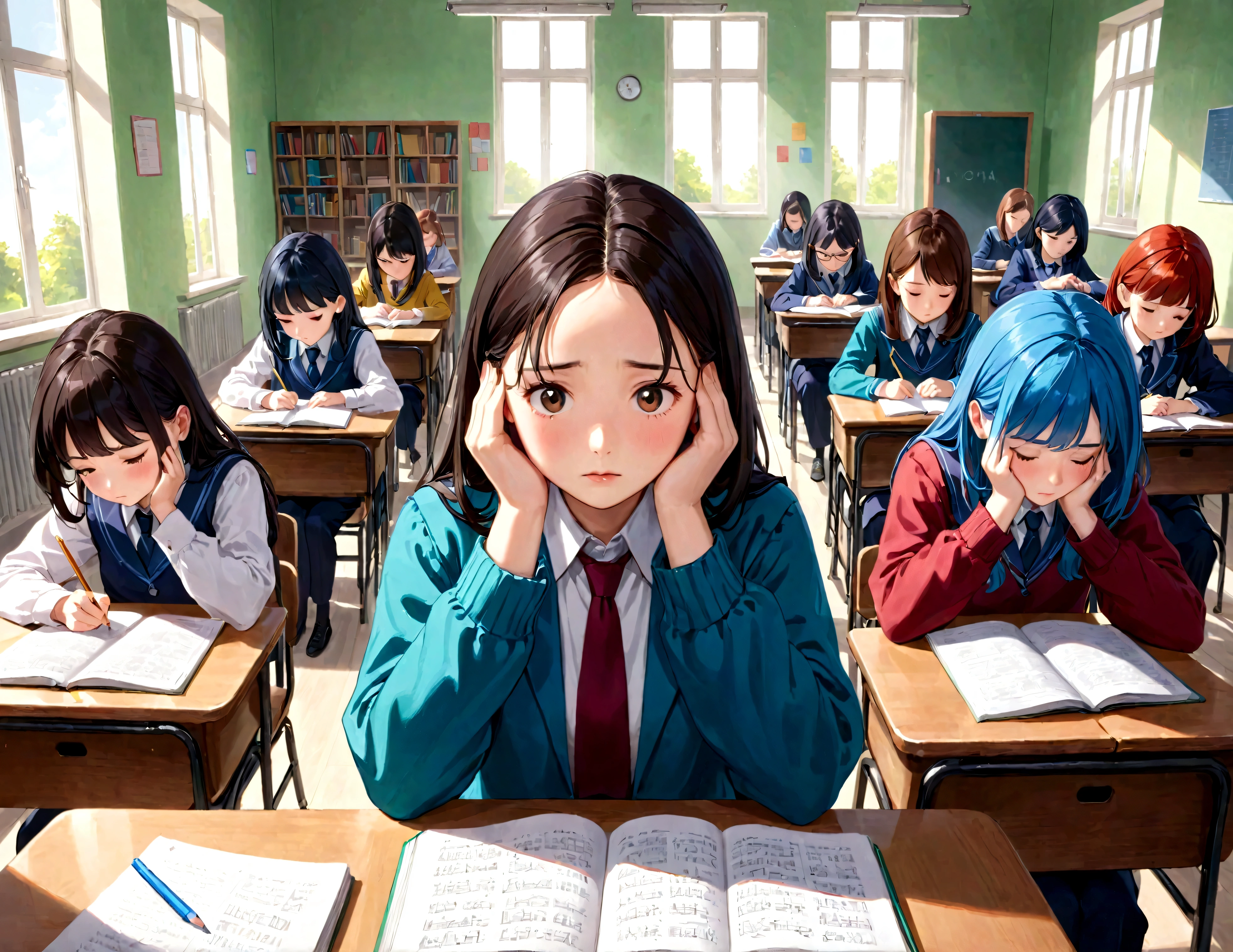 Written exams, students taking exams with their heads in their hands, co-educational, various hair styles and colours, old teachers in teaching positions, animation