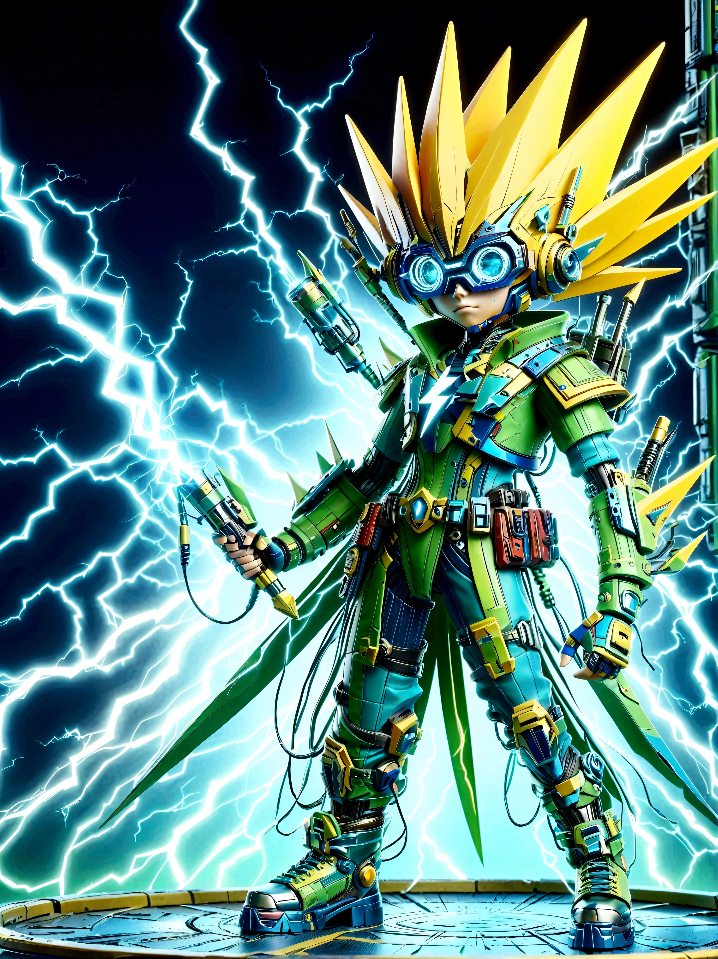 1boy, solo, Lightning energy，Electricity elements，Wearing a pointed headdress，Wearing large rectangular glasses，Blue Highlight Lightning，Wearing bright blue and green square clothing，High heel boots，Holding an electric weapon，Space starry sky background，Galactic battleship，Fighting Stance，Explosion，Best quality，Original，whole body，Cartoon Style，3D character rendering，Created with C4D and Blender，precise，Blind box toy style，Super Detail，Anatomically correct，masterpiece, 1djxz1