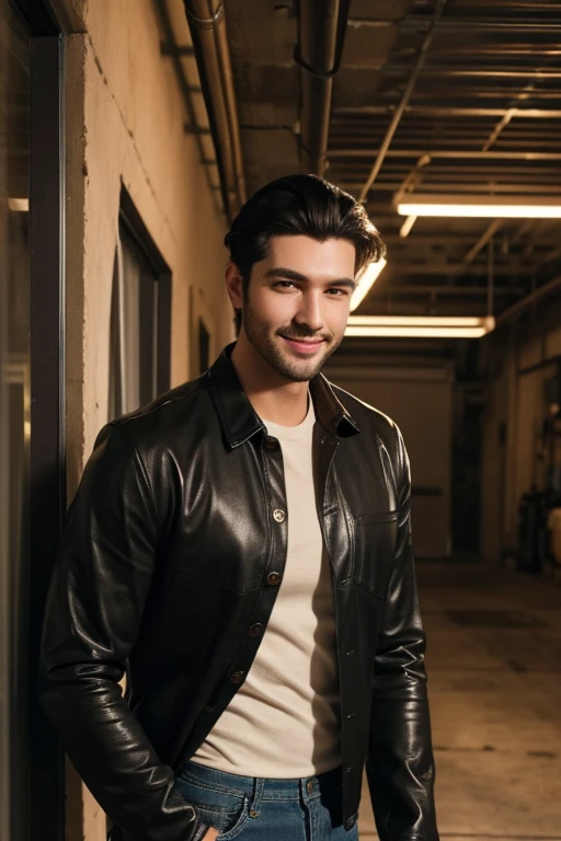 1boy, tall, attractive, wearing a brownish button long sleeves and jeans, curly black hair, slicked back, grinned, garage ((best quality)), HD, perfect lightning, cinematic film, 8K