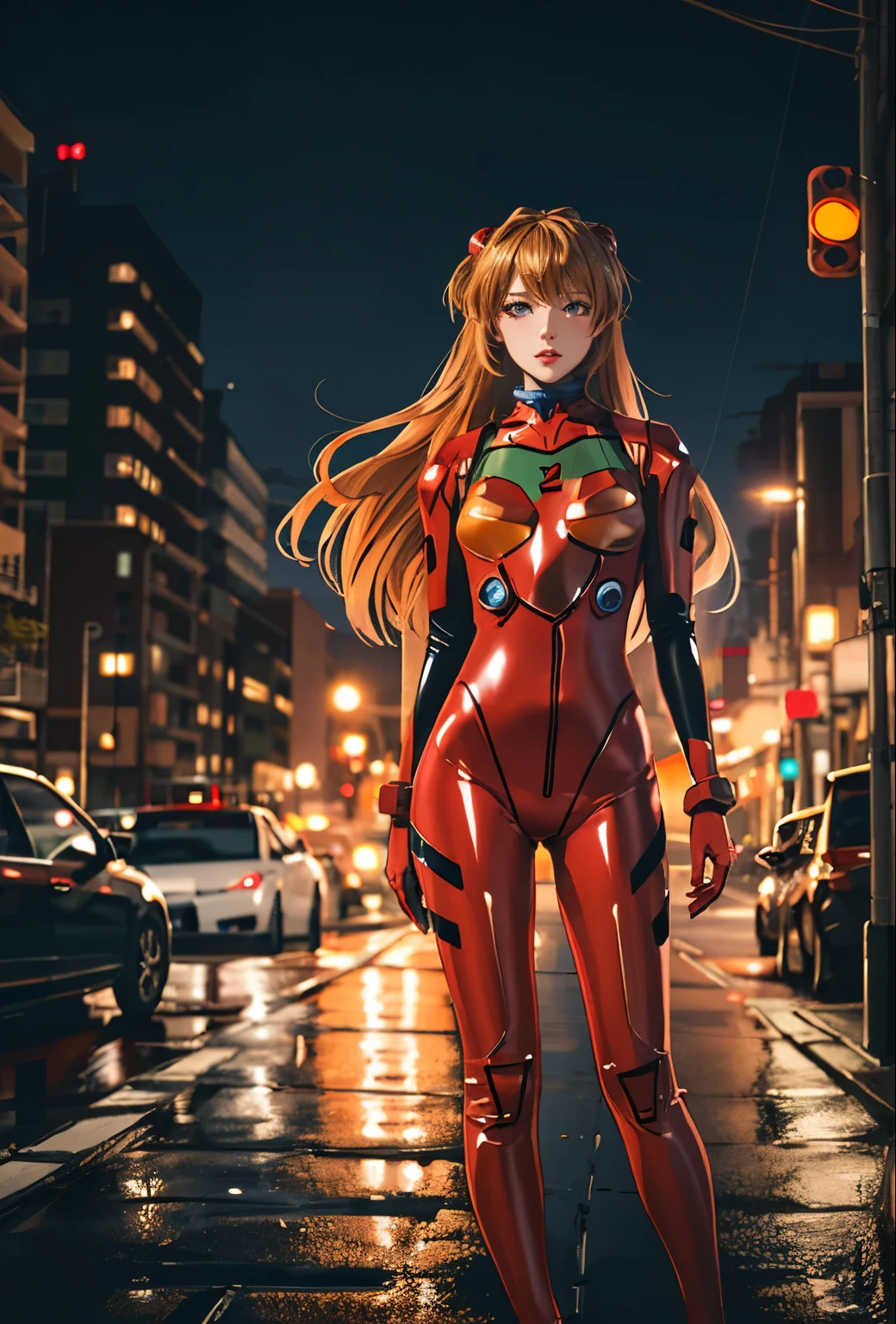 highest quality, kusubero redhead, Master Parts, Realistic, Realistic, 1 girl, alone, Show Viewer, whole body, Are standing, Long Hair, Asuka Fantasy, , Plug Suit, Bodysuits, hair ornaments, Detailed Background, On the street, night, Light, rain,