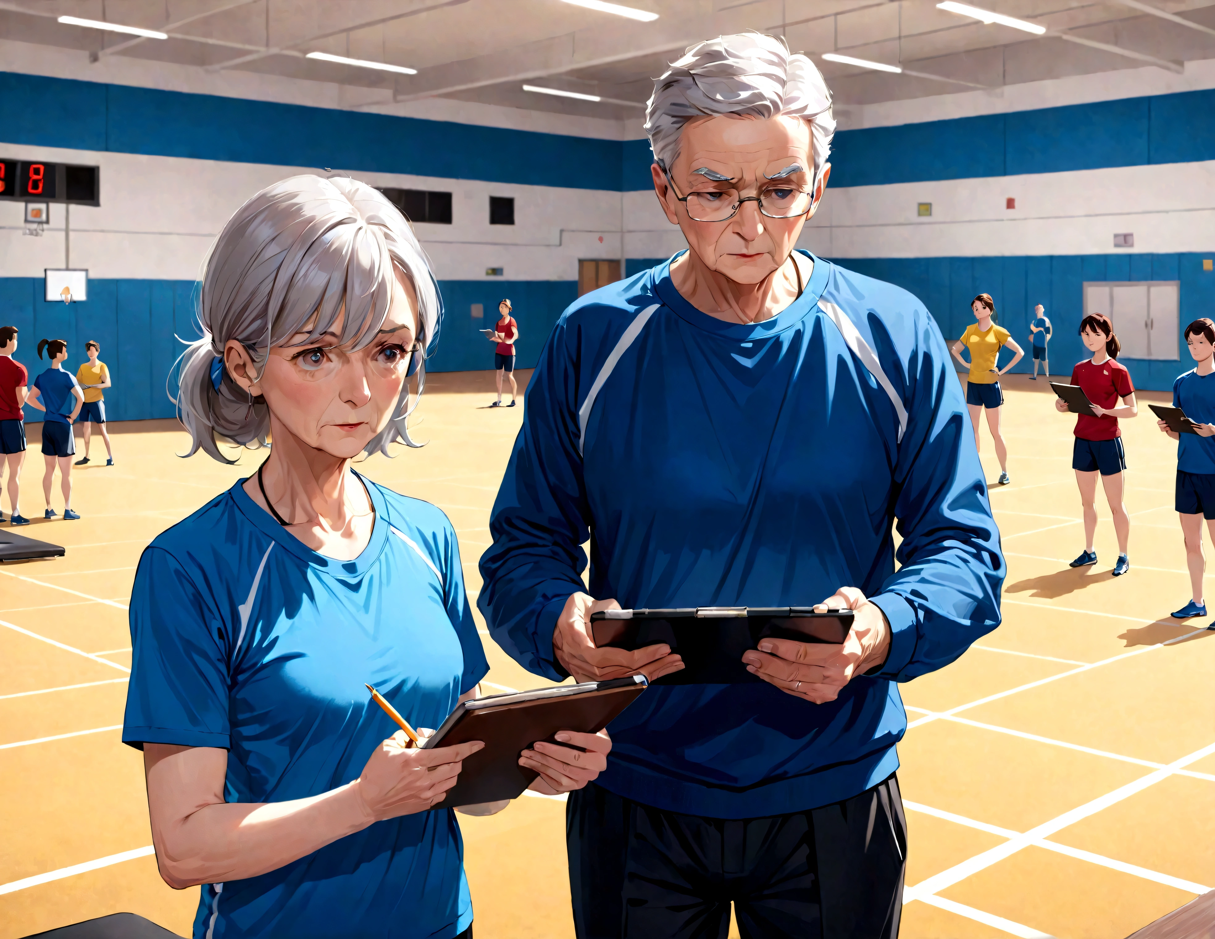 Sports test, pupils taking a fitness test in a gymnasium, elderly teacher holding a clipboard, animation-style illustration