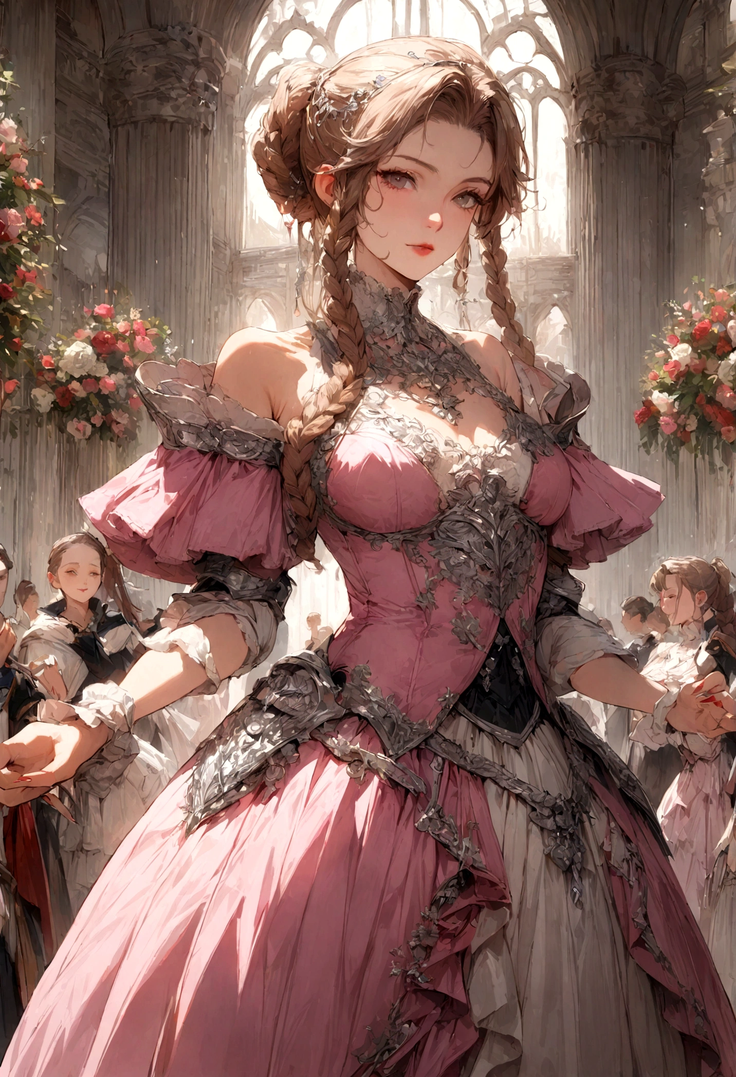 woman, Severe, Warrior, armor, elegant, Pink Dress, Aristocratic, silver element, Long nails, Exposing shoulders, Hairstyle, Put your hair up, Braids and ponytails, Messy, arrogant, Absurd, Detailed dress, Royalty, celebration, Hall decorated with flowers, Cowboy Shot, Portraiture, (highest quality), (masterpiece), (Very detailed), (4K)