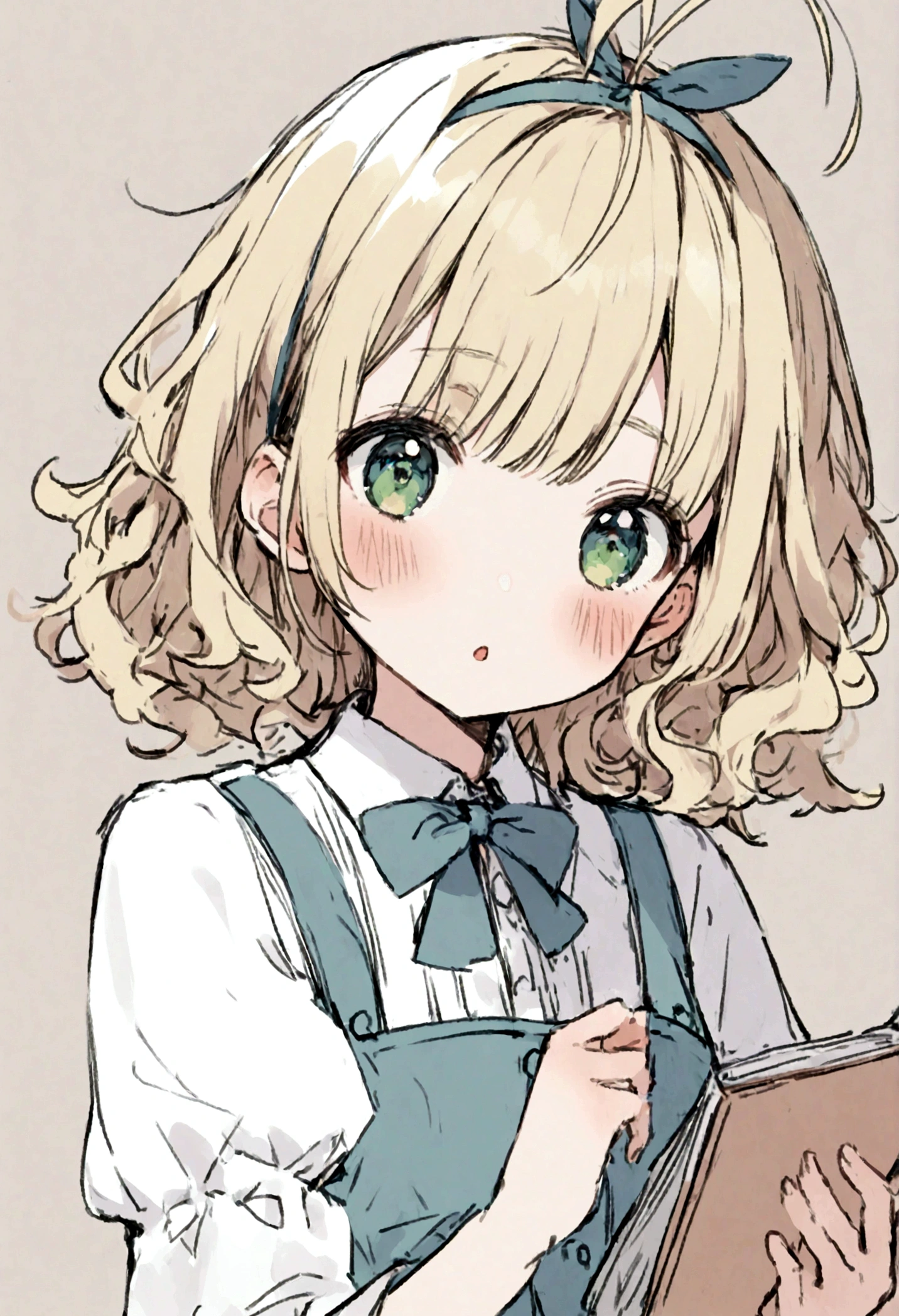 1girl, solo, shirt, long_sleeves, upper_body,dress, ribbon, looking_at_viewer, blush, short_hair, blonde_hair, antenna_hair, bangs, hair_ribbon, parted_lips, hairband, eyebrows_visible_through_hair, bow, green_eyes, holding, :o, wavy_hair, white_shirt, dress, pale_color, bowtie, open_mouth, messy_hair, blue_eyes, head_tilt, sketch, looking_away, skirt, buttons, puffy_sleeves