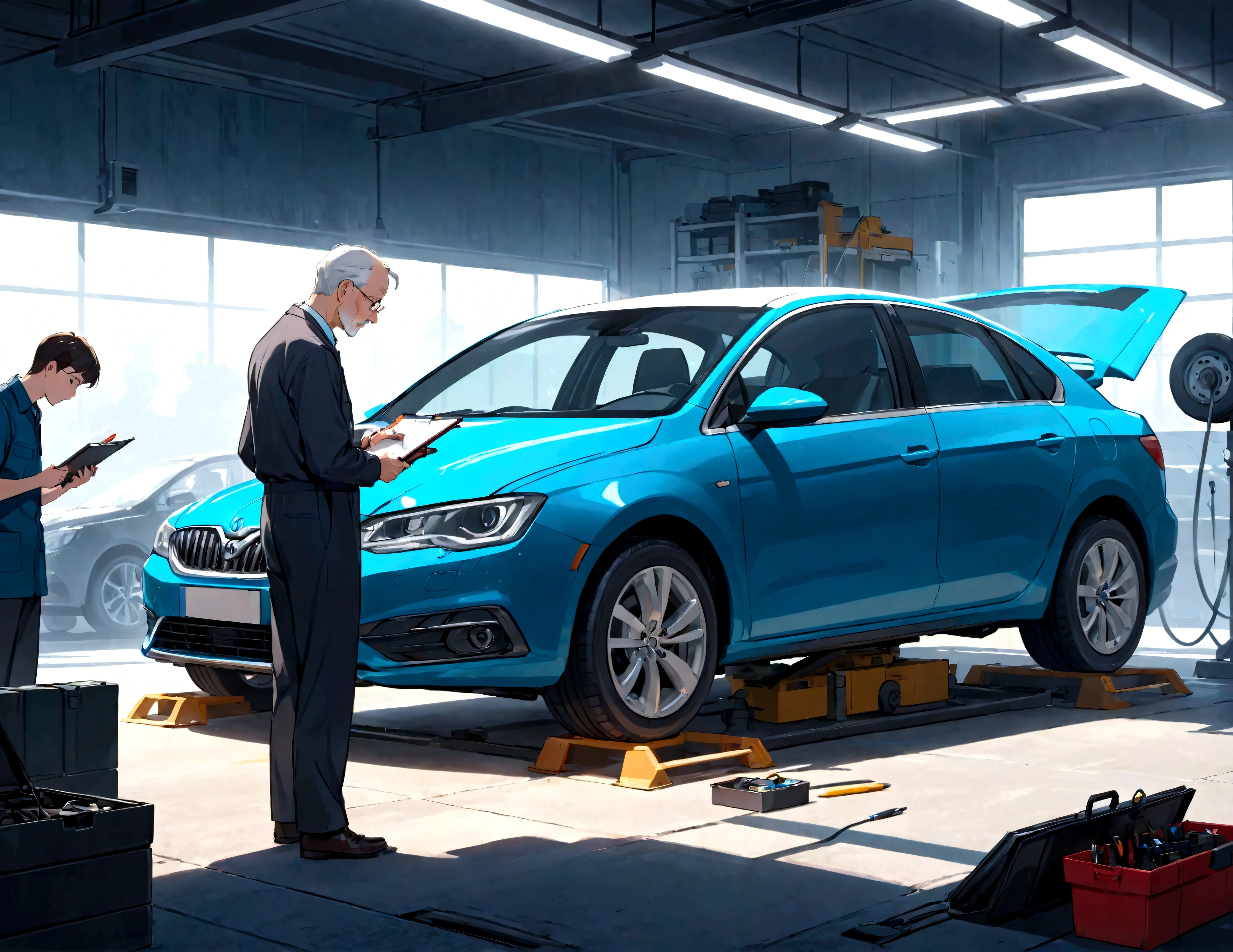 Illustration of an examiner working under a car during a car maintenance test, an elderly examiner holding a clipboard, animation style