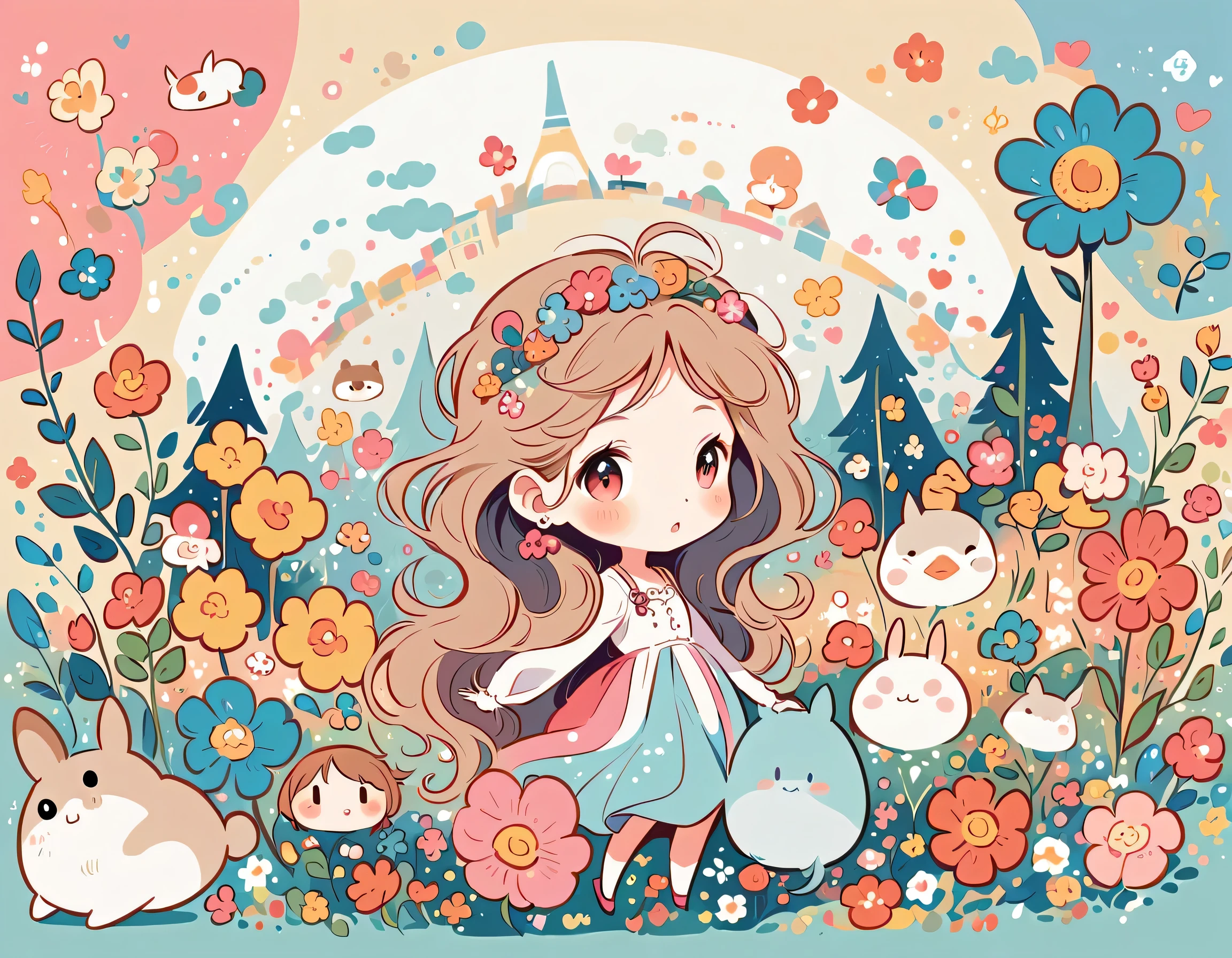 Hayao Miyazaki Style、The most beautiful girl of all time、Lips in Love、Colorful flowers、Simple line initials、Abstract art、Paris Background, (((chibi))), Totoro Forest
