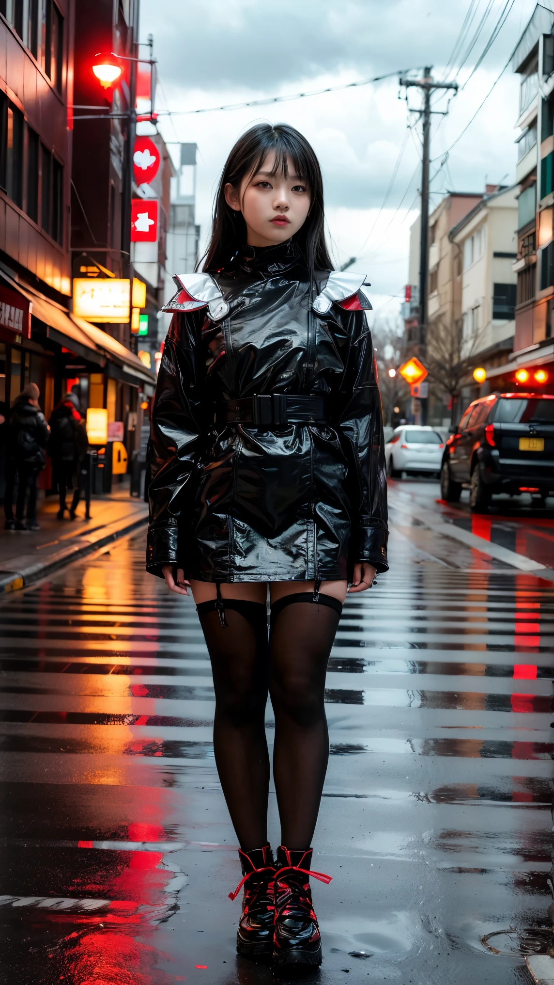 Ulzzang-6500-v1.1, (RAW Photos:1.2), (Photorealistic), (Genuine:1.4), 1 Japanese girl, Warframe, Complex patterns, Heavy Metal, Energy Line, Faceless, Shining Eyes, elegant, intense, Blood red and black uniform, alone, Modern, city, street, Dark Clouds, thunderstorm, heavy rain,, Dramatic lighting,, (masterpiece:1.2), highest quality, High resolution,   beautiful, Very detailed, Perfect lighting, (Full Body Shot:1.15), 