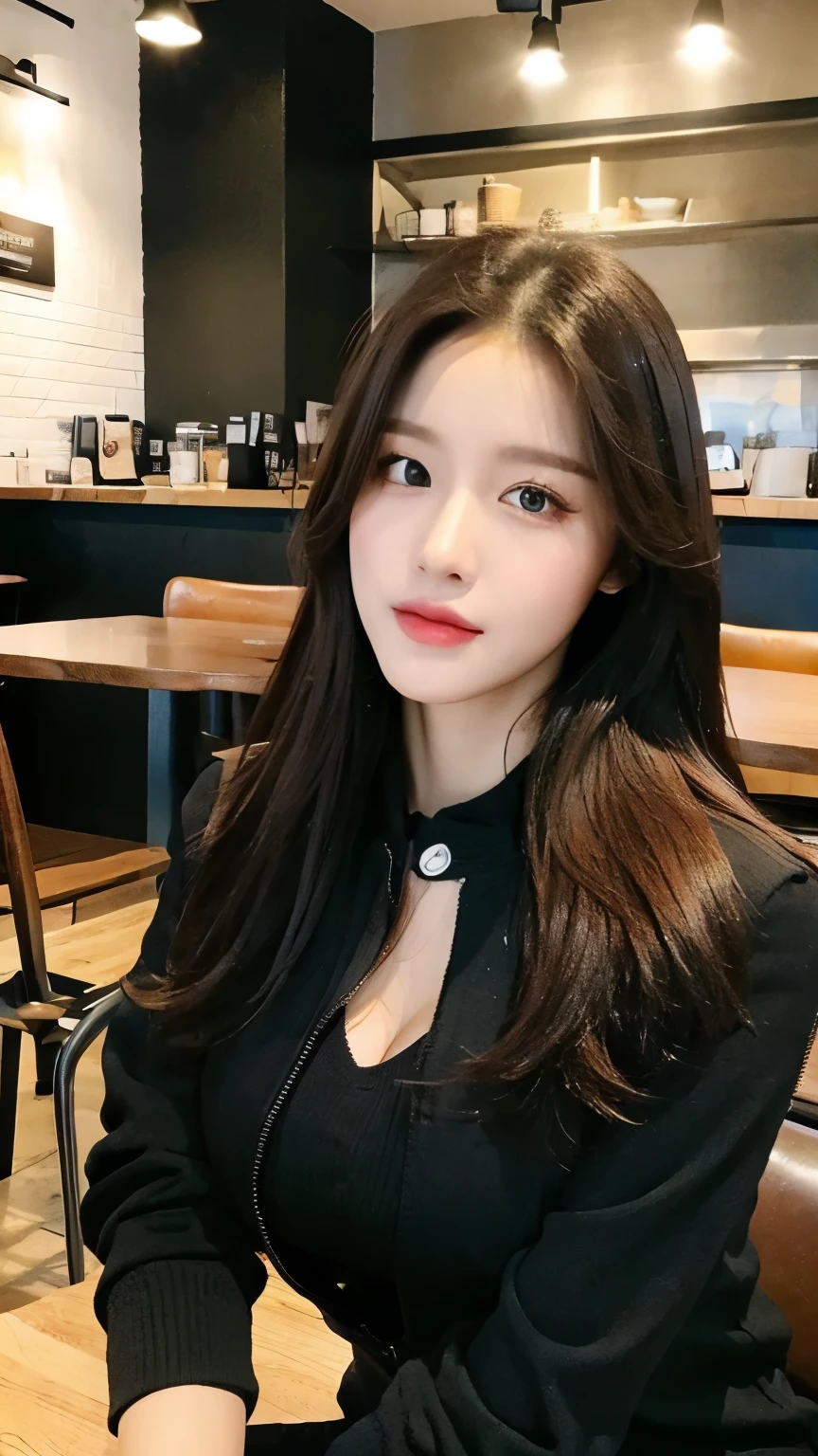 (Practical, high resolution:1.2), 1 girl, The face shape and eyes are super beautiful, long hair, Tight black vest with black jacket, Short jeans, Sitting in a cafe chair, in a cafe, Coffee on the table, Large Breasts