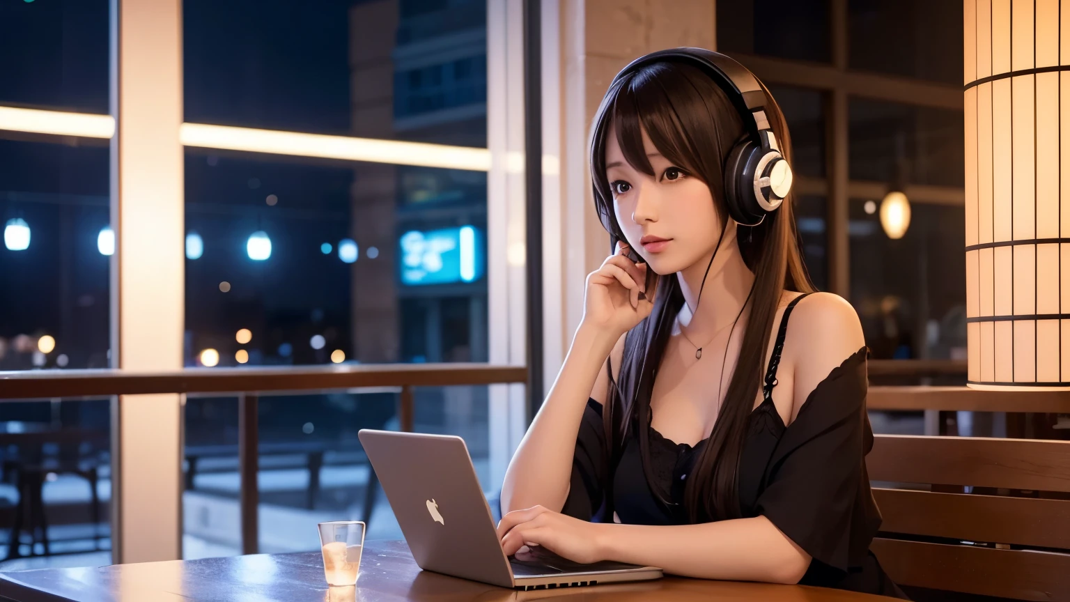 A beautiful woman is sitting in a cafe at night listening to music with headphones　Japanese anime style