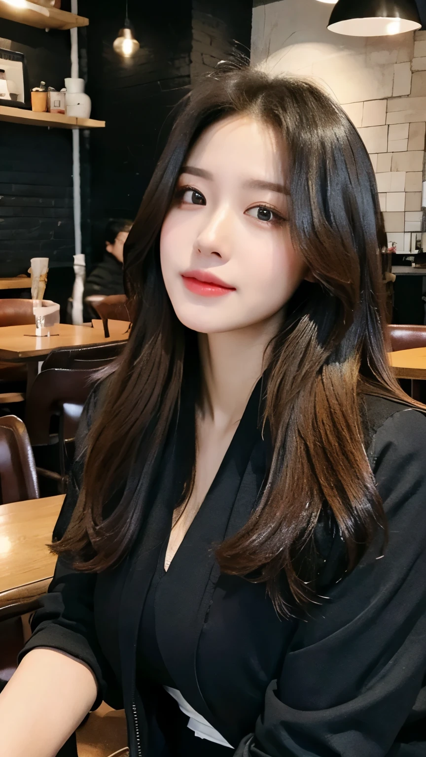 (Practical, high resolution:1.2), 1 girl, The face shape and eyes are super beautiful, long hair, Tight black vest with black jacket, Short jeans, Sitting in a cafe chair, in a cafe, Coffee on the table, Large Breasts