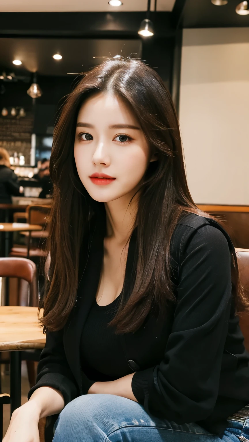 (Practical, high resolution:1.2), 1 girl, The face shape and eyes are super beautiful, long hair, Tight black vest with black jacket, Short jeans, Sitting in a cafe chair, in a cafe, Coffee on the table, Large Breasts