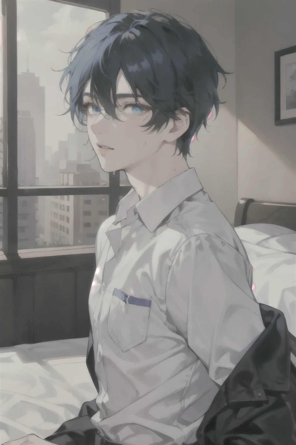 masterpiece, best quality, ultra detailed, (solo man), (male focus), ((Oblong face)), ((Square jawline)), black hair, ((hairs between eyes)), ((shoulder length)), ((narrow blue eye)), fair skin, skinny body, beauty mark, {uniform, outfit, clothes}, dress shirts, snfw, sweat skin, on a bed, man, pennis, fellatio, {{{deep throat}}}, drool, close up face