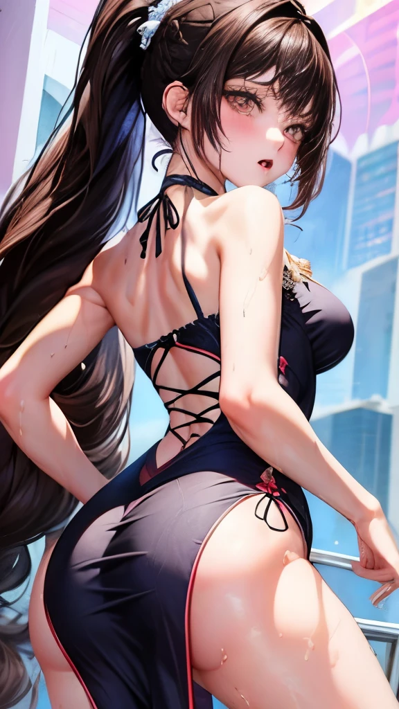 woman,20-year-old,,city,night,(((Sexy silk dresses))),,Laughing with your mouth open((Beautiful ponytail))(),(()),((Black Hair)),blush、,((())),((Looking Back))(Wet with sweat)Reflecting the buttocks
