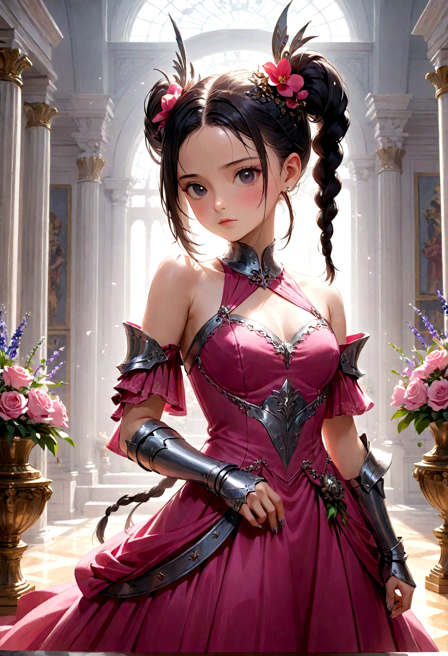woman, Severe, Warrior, armor, elegant, Pink Dress, Aristocratic, silver element, Long nails, Exposing shoulders, Hairstyle, Put your hair up, Braids and ponytails, Messy, arrogant, Absurd, Detailed dress, Royalty, celebration, Hall decorated with flowers, Cowboy Shot, Portraiture, (highest quality), (masterpiece), (Very detailed), (4K)