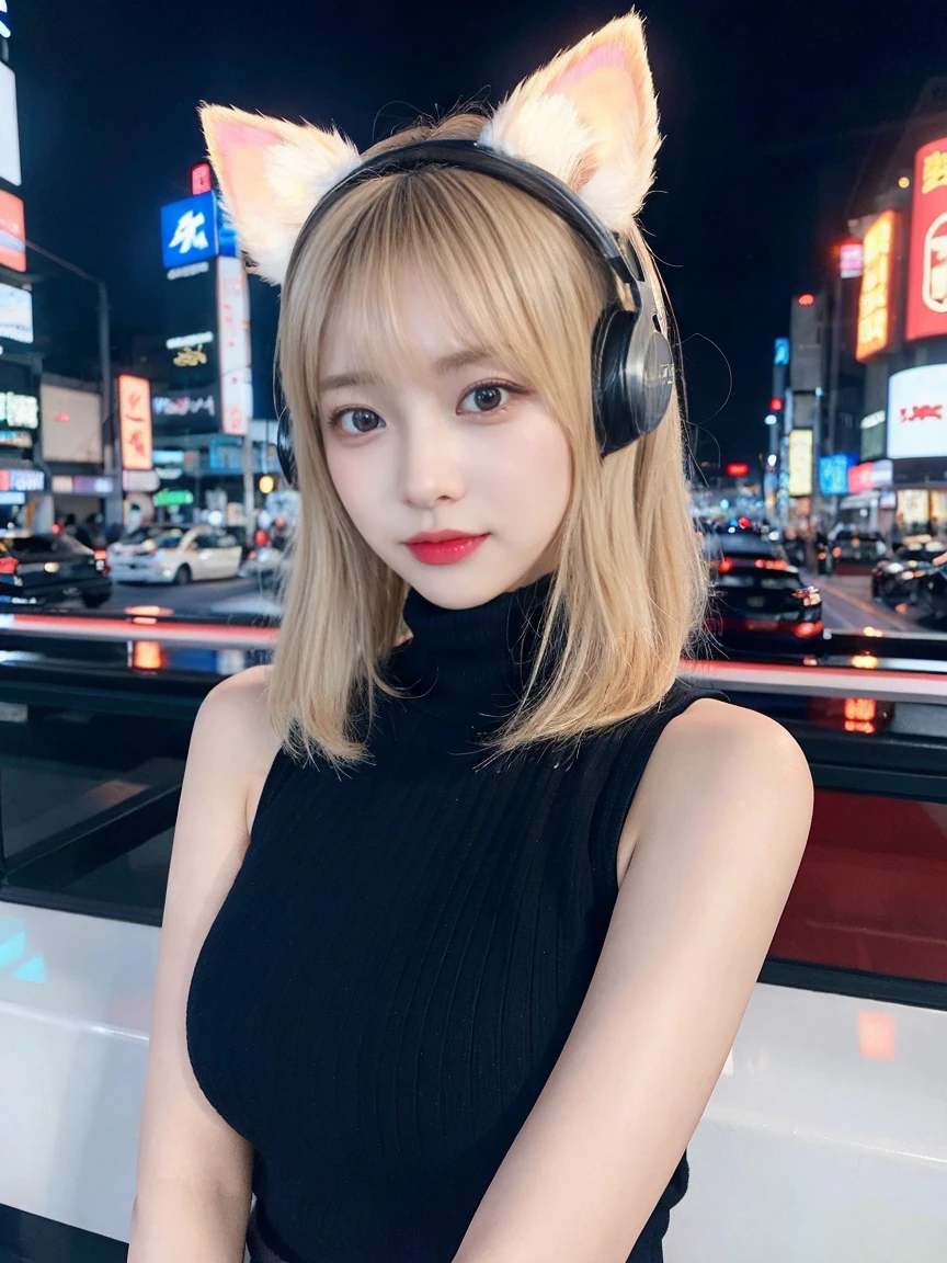 最high quality, masterpiece, 32k、Very detailed、Realistic、1 girl, Japanese women、Cute Face, (photo Actual:1.3),Bob Hair(Golden hair color、Blonde Hairstyles)、Edge lighting, (Skin with attention to detail:1.2), 8k超High resolution, Single-lens reflex camera, high quality, High resolution, 4K, 8k, Optimal ratio of four fingers to one thumb, (Actual:1.3), cute 1 girl, Realistic、Super Realistic、32k、Very detailed、masterpiece, 最high quality, beautiful girl, beauty、Mecha, Beautiful lighting, (Neon Light:1.2), (night:1.5), kpop idol costumes、Sleeveless outfit、Shorts、Large Breasts(Big 、With a valley)Cat ear headphones、Are standing、Cyber Neon、Future City、Skyscraper、City night、Shanghai、Big cities、night scene、Beautiful night scene