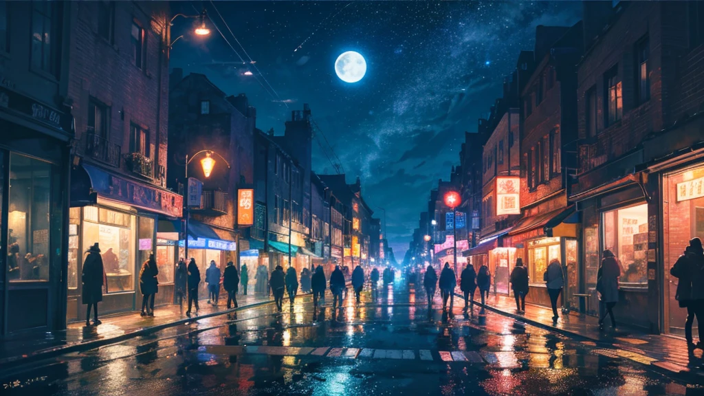 The streetscape、Rather than a fantasy atmosphere、It feels a bit nostalgic、Realistic cityscape。
In the night sky、When the stars and the moon are shining、A more romantic atmosphere。
Street lamps and car lights、Warm colors。
Floating in the night sky after the rain、Neon signs shining down on the street