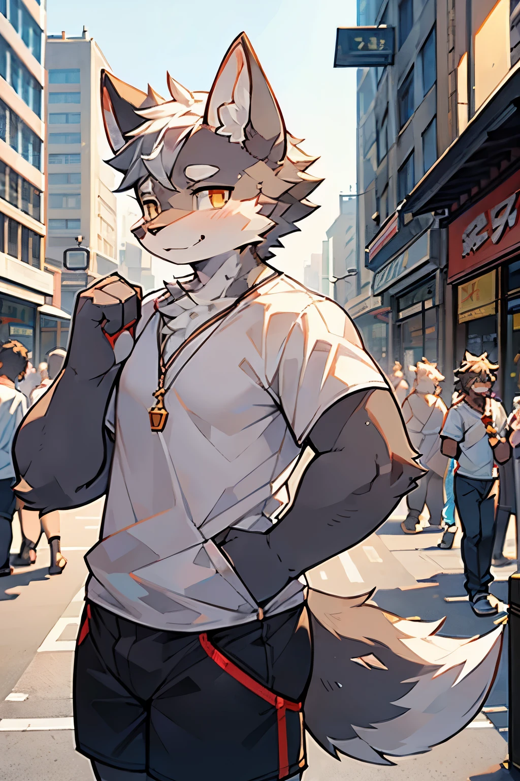 Exquisite lines，best quality。male，Gray wolf orcs，White short sleeve，White shorts，Golden pupils，Background City，Bustling streets，daytime