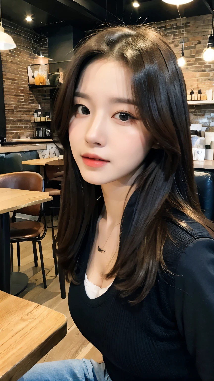 (Practical, high resolution:1.2), 1 girl, The face shape and eyes are super beautiful, long hair, Tight black vest with black jacket, Short jeans, Sitting in a cafe chair, in a cafe, Coffee on the table, Large Breasts