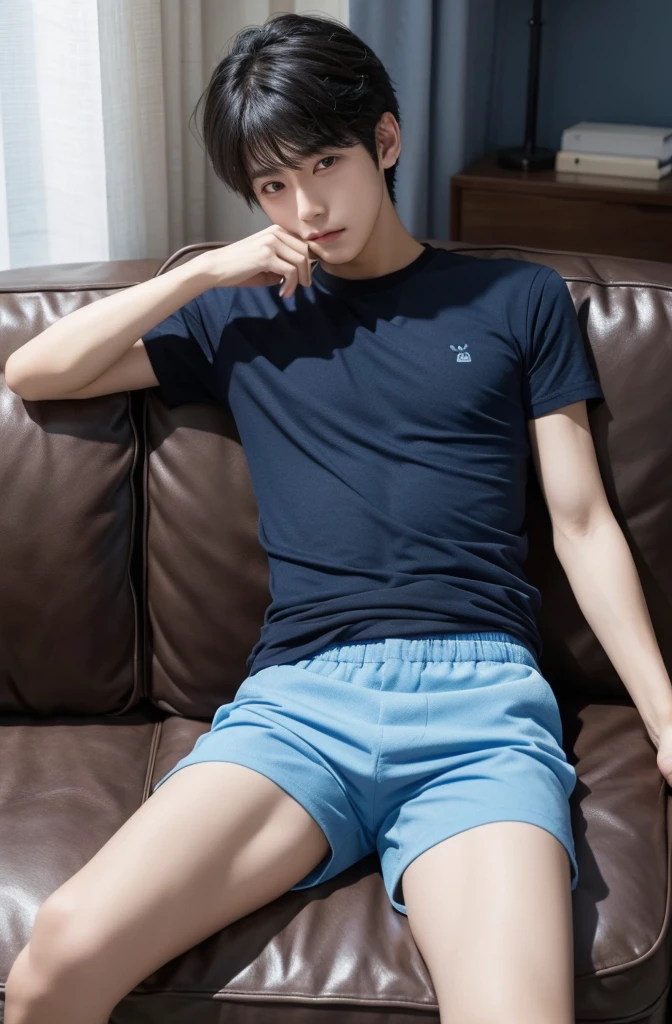 One beautiful boy、Japanese、Cute Boys、Dark Eyes、Black Hair、18 years old、Blue short-sleeved shirt、Blue shorts、Lying on the sofa、