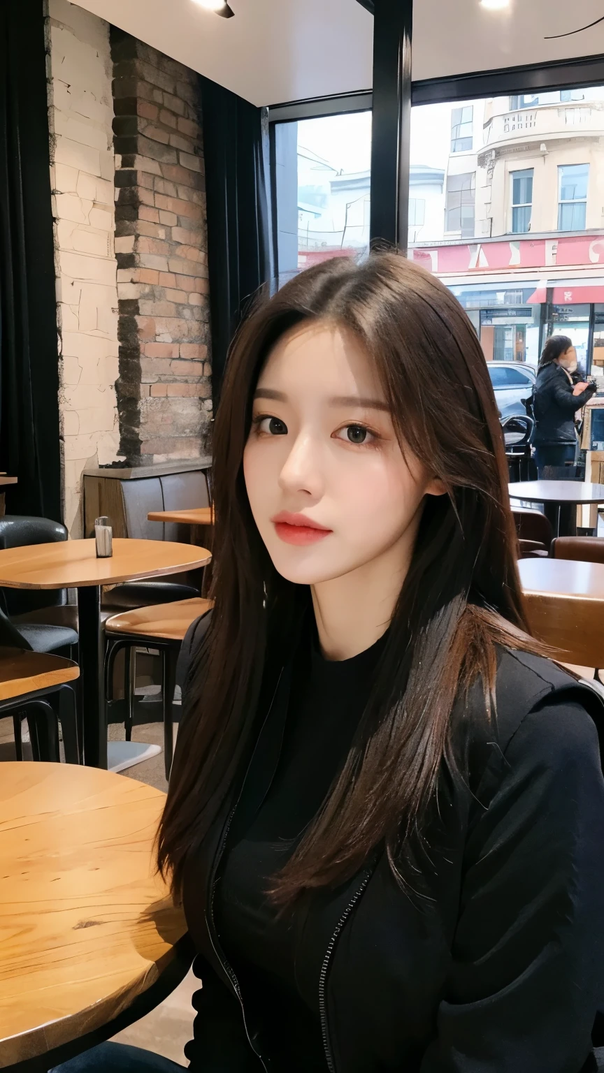 (Practical, high resolution:1.2), 1 girl, The face shape and eyes are super beautiful, long hair, Tight black vest with black jacket, Short jeans, Sitting in a cafe chair, in a cafe, Coffee on the table, Large Breasts