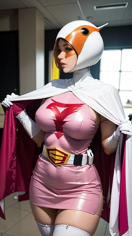 ANI_CLASSIC_jun_gatchaman_ownwaifu, profile, Costume, pink dress, pink miniskirt, belt, cape, elbow gloves, white gloves, mask, skirt, leotard, White Stockings, Upper Body shot, Helmet, Inside the base, Big Breasts, 