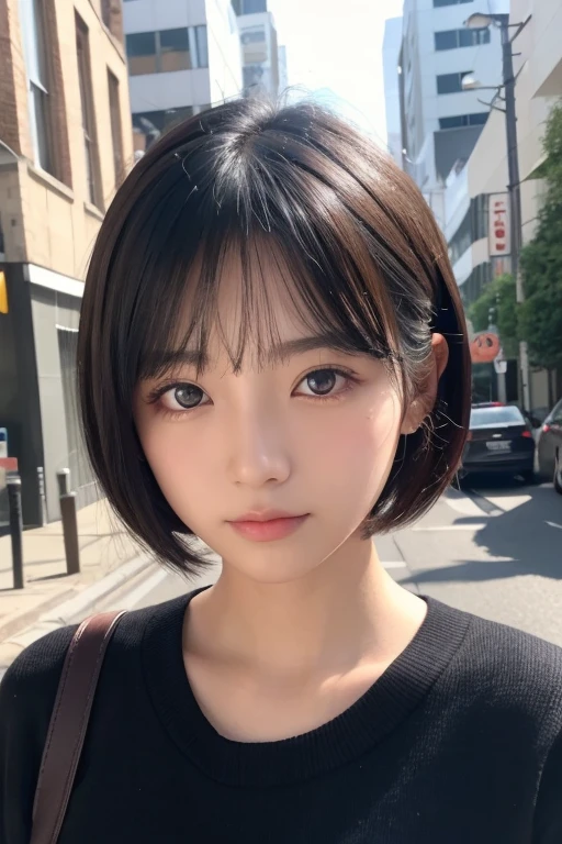 Photos taken with a smartphone, Japanese, (One Girl), Beautiful Face, (A vivid face), (Black-haired、short hair:1.3), Beautiful Hairstyles, Realistic eyes, Beautifully detailed eyes, (Realistic Skin), Beautiful skins, attractive, Surreal, High detail, Golden Ratio, Highly detailed cute girl,(20-year-old)
