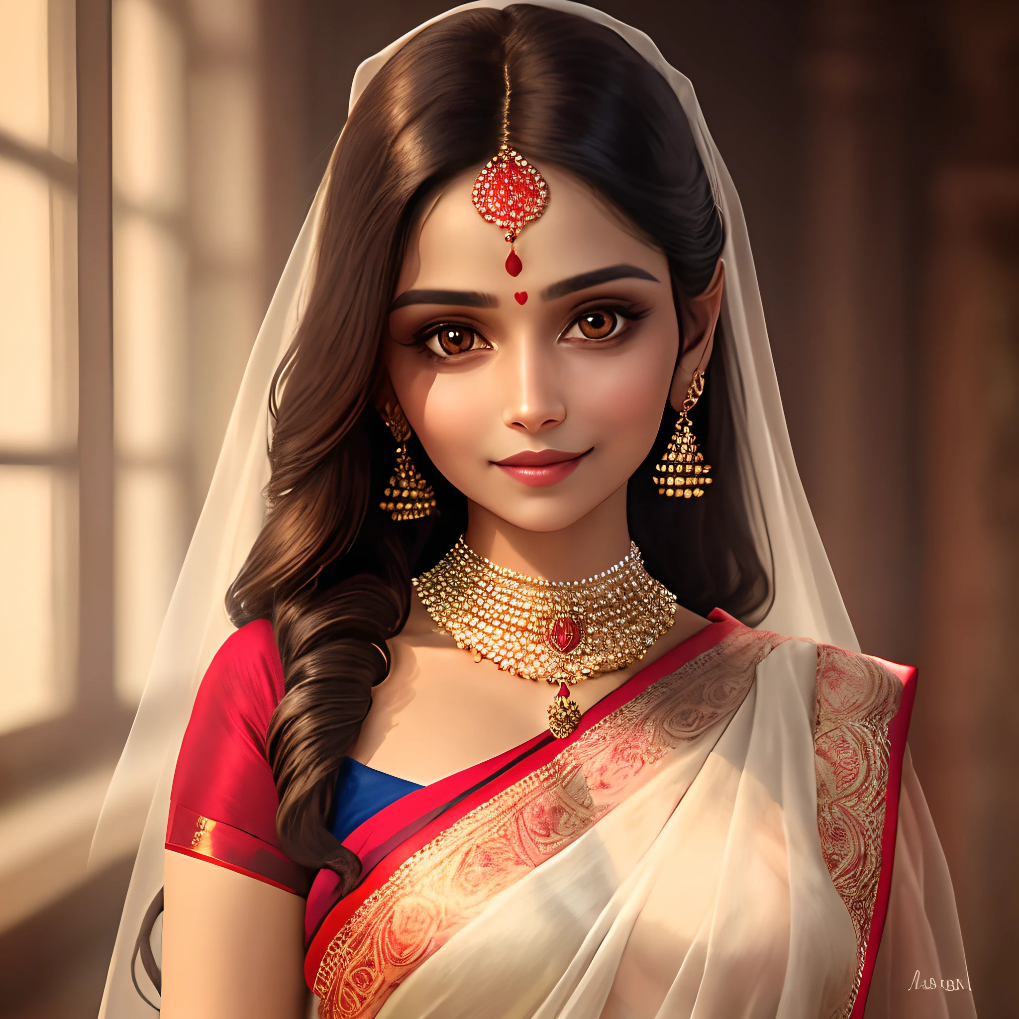 I would like a photograph of an elegant woman with a friendly expression, featuring a heart-shaped face, distinctively lovely eyes, and graceful posture. She should be wearing a white saree with intricate and tasteful designs