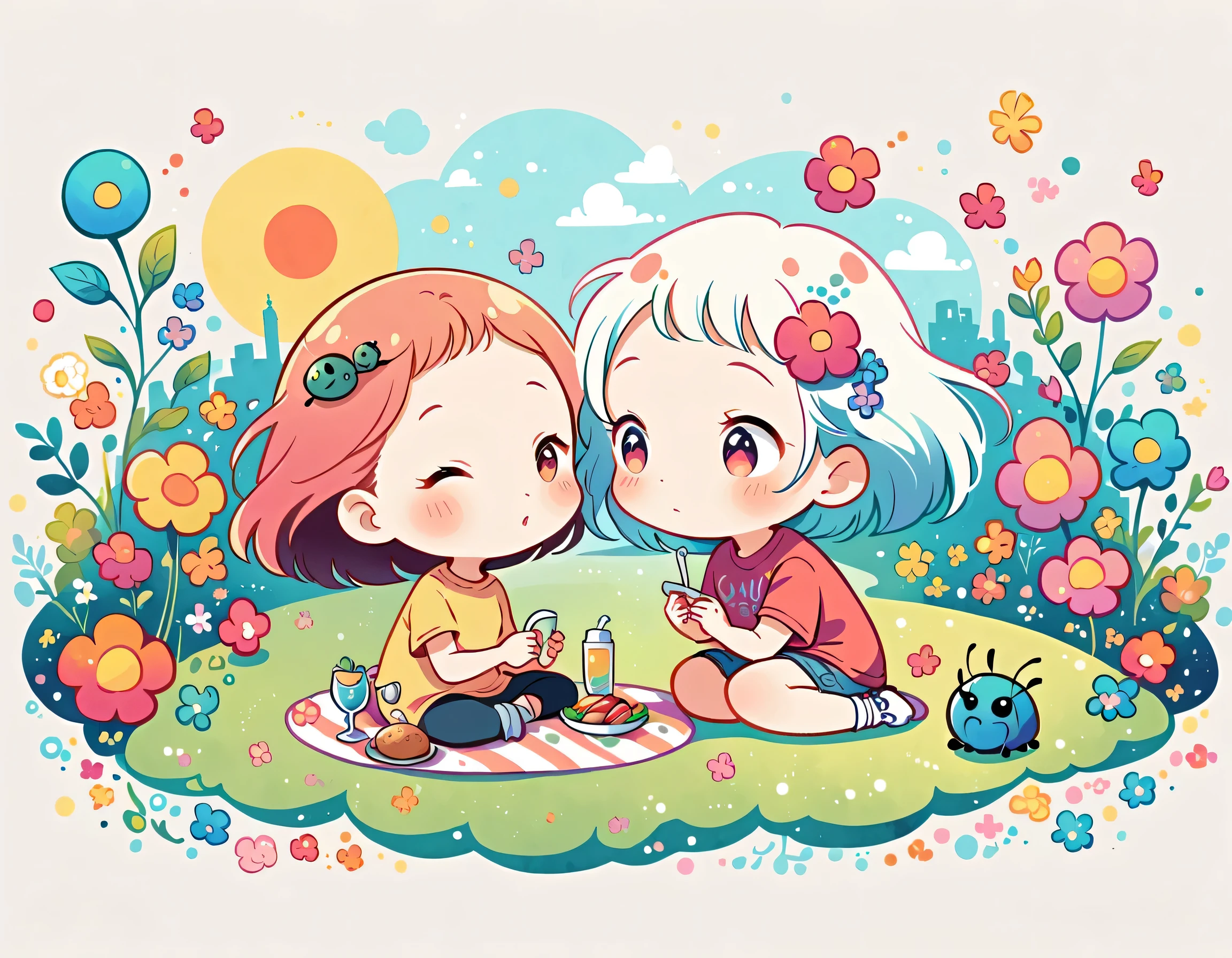 Hayao Miyazaki style, kawaii design，Dreams and Hopes，Simple Line Initialism，Abstract art，Urban Background, (((The most beautiful girl))), (((chibi))), picnic, colorful flowers, Colorful and cute pillbugs