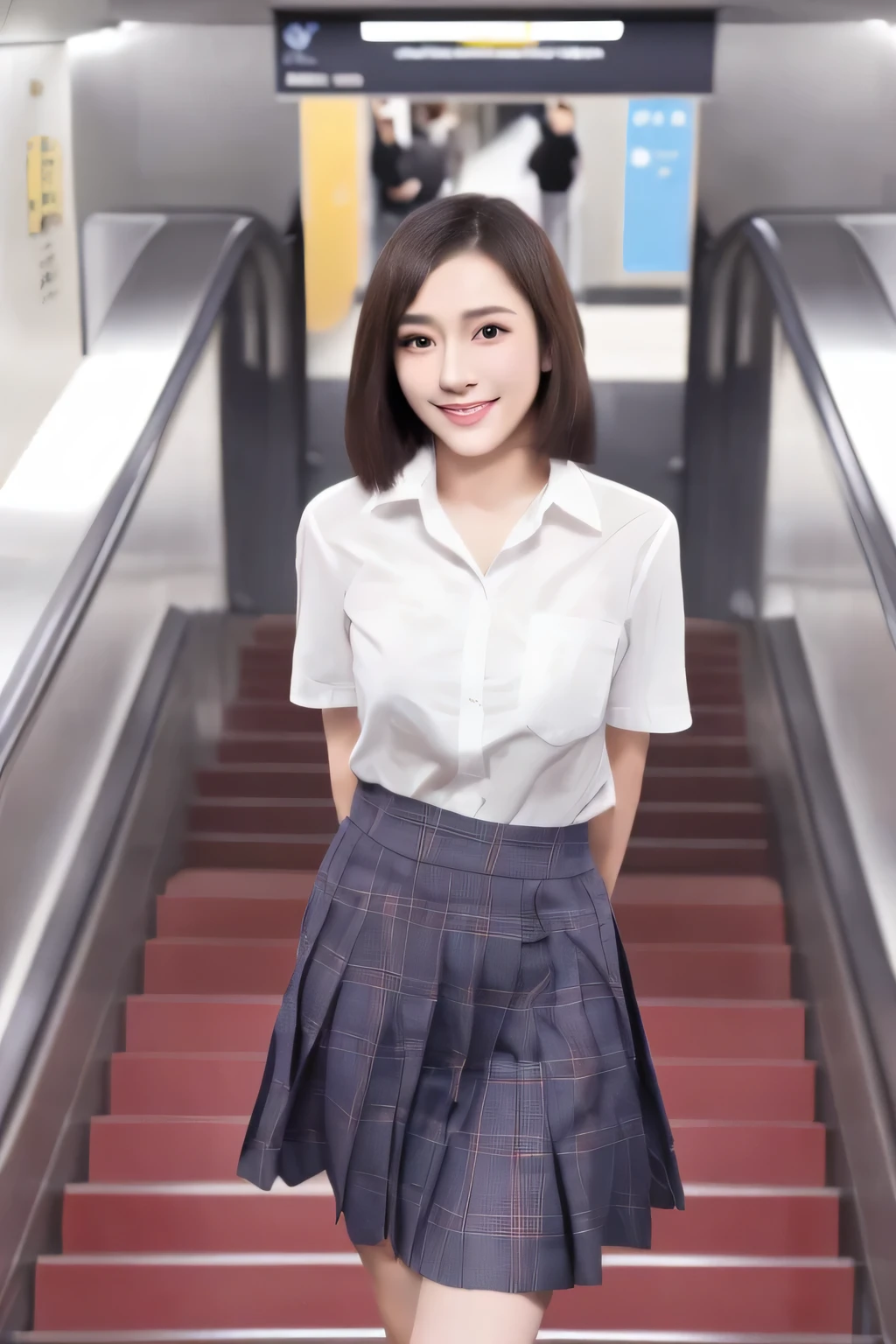 (masterpiece,High resolution,high quality,16k),(Beautiful and realistic Japan people、Beautiful girl in JK school uniform、18-year-old), Magnificent style, Octane Rendering, subway,Take the escalator、 Beautiful Face, Surreal, Son of God:1.3, Glamorous Body:1.4、realism, masterpiece, Art at its finest., Clear Eyes,Short Bob、Perfect Anatomy、Beautiful body、Beautiful Skin、From below、gravure、