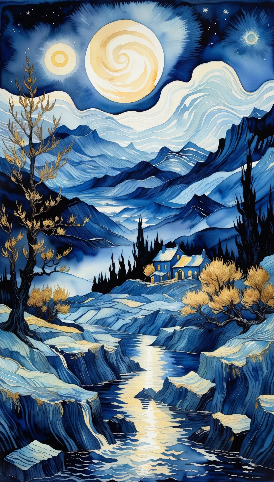 a fantasy landscape in a very dark blue color, van Gogh style, Watercolor, trending on art station, sharp focus, studio photo, intricate details, highly detailed, by Greg Rutkowski