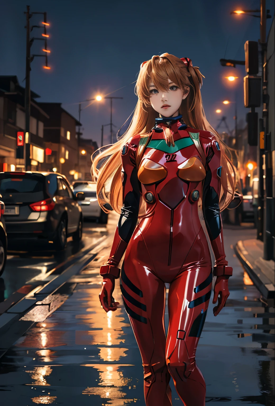 highest quality, kusubero redhead, Master Parts, Realistic, Realistic, 1 girl, alone, Show Viewer, whole body, Are standing, Long Hair, Asuka Fantasy, , Plug Suit, Bodysuits, hair ornaments, Detailed Background, On the street, early morning, bright, rain,