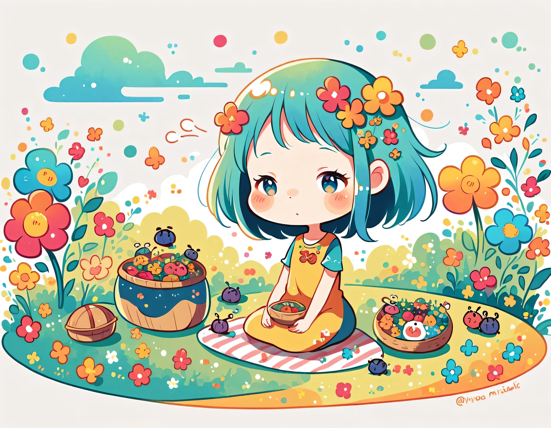 Hayao Miyazaki style, kawaii design,Dreams and Hopes,Simple Line Initialism,Abstract art,Urban Background, (((The most beautiful girl))), (((chibi))), picnic, colorful flowers, Colorful and cute pillbugs