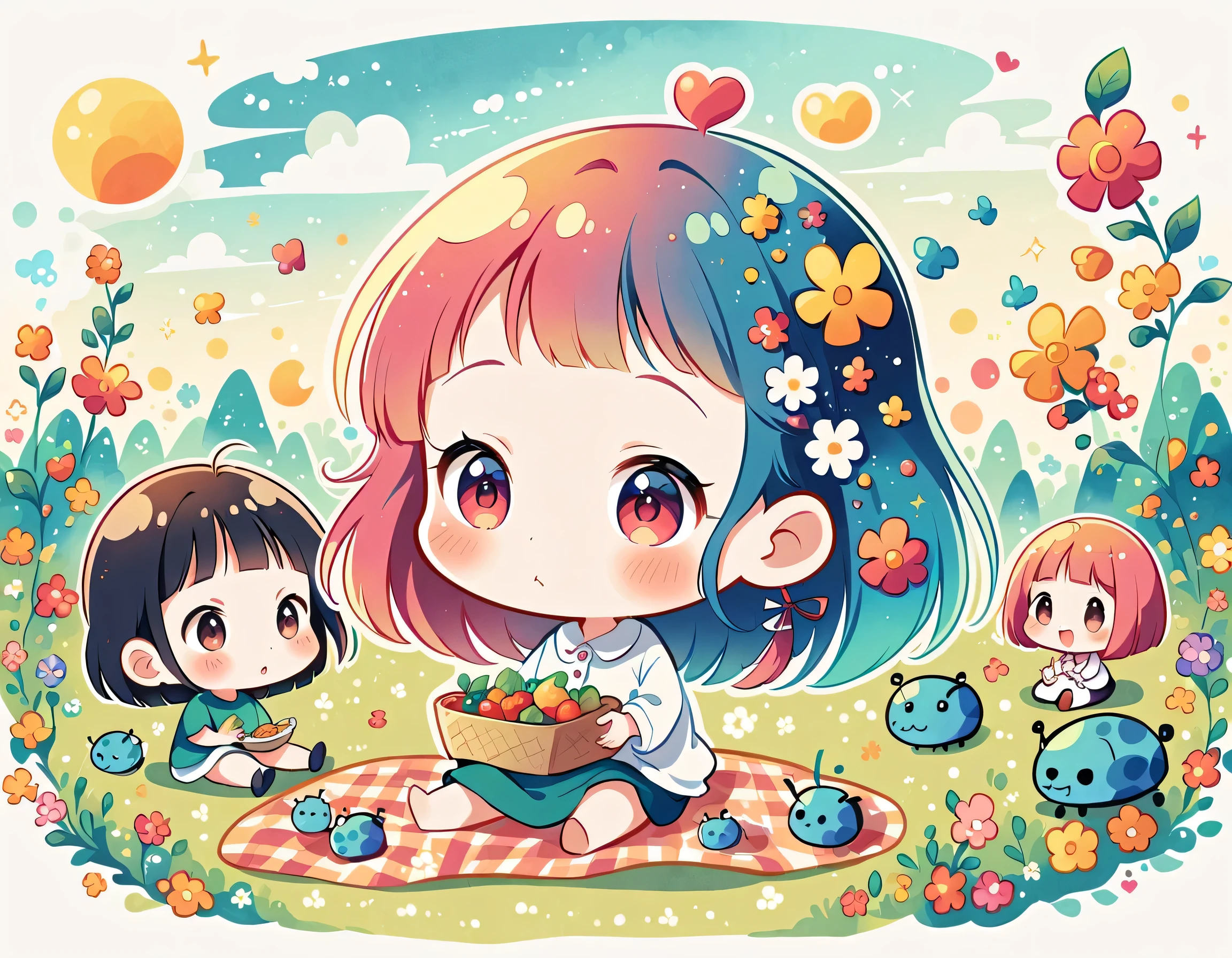 Hayao Miyazaki style, kawaii design,Dreams and Hopes,Simple Line Initialism,Abstract art,Urban Background, (((The most beautiful girl))), (((chibi))), picnic, colorful flowers, Colorful and cute pillbugs