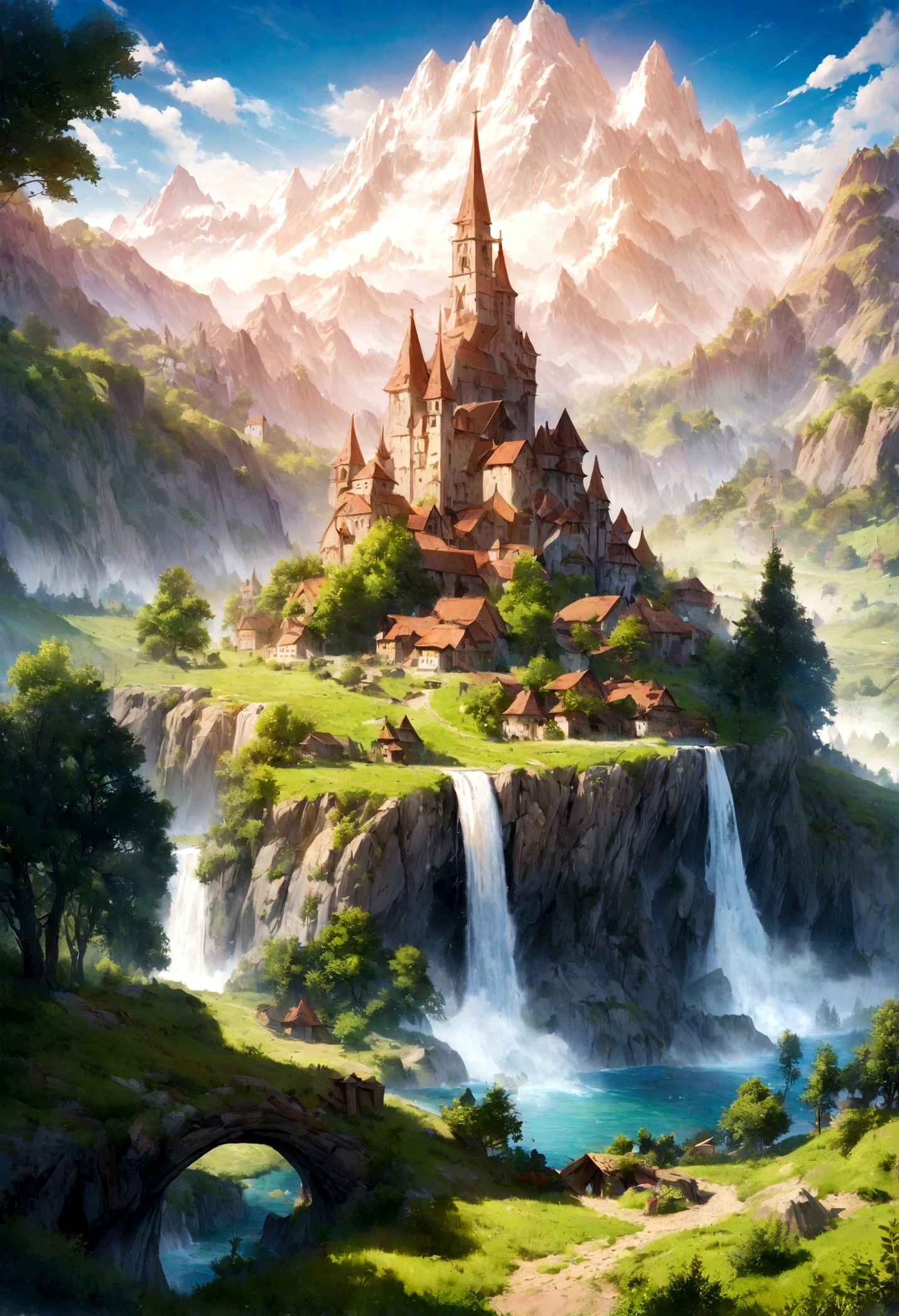 picture of a beautiful mountain landscape with a waterfall and a church, beautiful detailed fantasy, impressive fantastic landscape, fantastic landscape, medieval fantastic landscape, high fantastic landscape, epic dreamlike fantastic landscape, fantasy scenic, fantastic landscape, fantasy art landscape, epic fantastic landscape, fairy tale style background, anime rural landscape, Magical landscape, beautiful landscape, Franz Hegi, Fantasy background
INFO