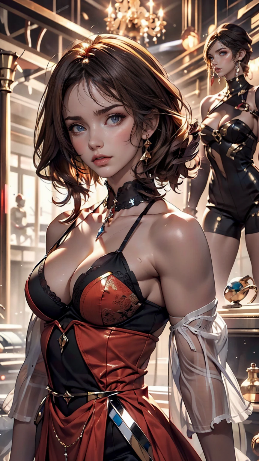 A woman in an off-the-shoulder dress stands in front of a giant robot, Cleavage Emphasis、Don Mights, Portrait of Sofia Vergara, Promotional Art, Attractive brown haired woman, Retropunk, The protagonist in the foreground, Inspired by Louis Paul, Mechanic, Young woman anime visual, Compute Shaders, Inspired by Donato Giancola, Youtube thumbnails, Chrome Art