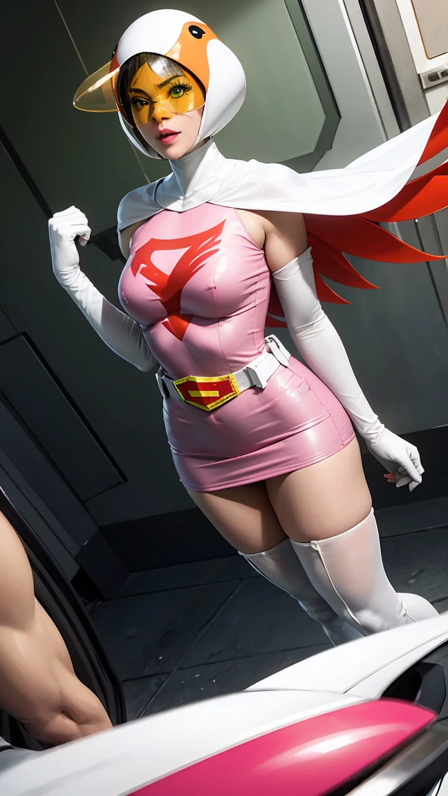 ((masterpiece)), ((highest quality)), ((High resolution)), ((Very detailed CG unity 8k wallpaper)), Beautifully detailed, Very detailed, 16k, Exquisite, Absurd, Beautiful background, Beautiful Eyes, Beautiful Skin, Beautiful Face, Anime Style, Outdoor, Day, Face Focus, View Viewer, alone, Concentrated, Dutch Angle Break,
ANI_CLASSIC_jun_gatchaman_ownwaifu, Jun The Swan,
One Girl, chest, Glossy lips, medium chest, large chest, Green Eyes, Big eyes, (We say:1.2), Lip mites, compensate, eyelash, eye shadow, A kind smile, attractive,
(See-through orange visor:1,5), Helmet, Cape, Elbow hand pockets, Knee socks, belt, White gloves, zettai ryouiki, mask, skirt, White legwear, Superhero, leotard, Spacesuit, Pink Dress, white Cape, pink leotard, pink skirt, Short dress, White long gloves, White long boots, Gloss, Camel Toe, Breaking the dynamism, Sweat, Sweatdrop, Browsing Caution, ((Fetish Situation:1.5)), Perfect hands, Perfect legs, Perfect Anatomy,