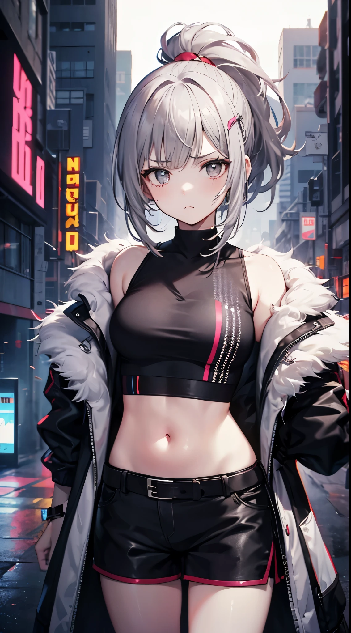 Young girl, short gray hair, gray eyes, high ponytail, cyberpunk, white top, open belly, shorts, furcoat, masterpiece, high quality, frown